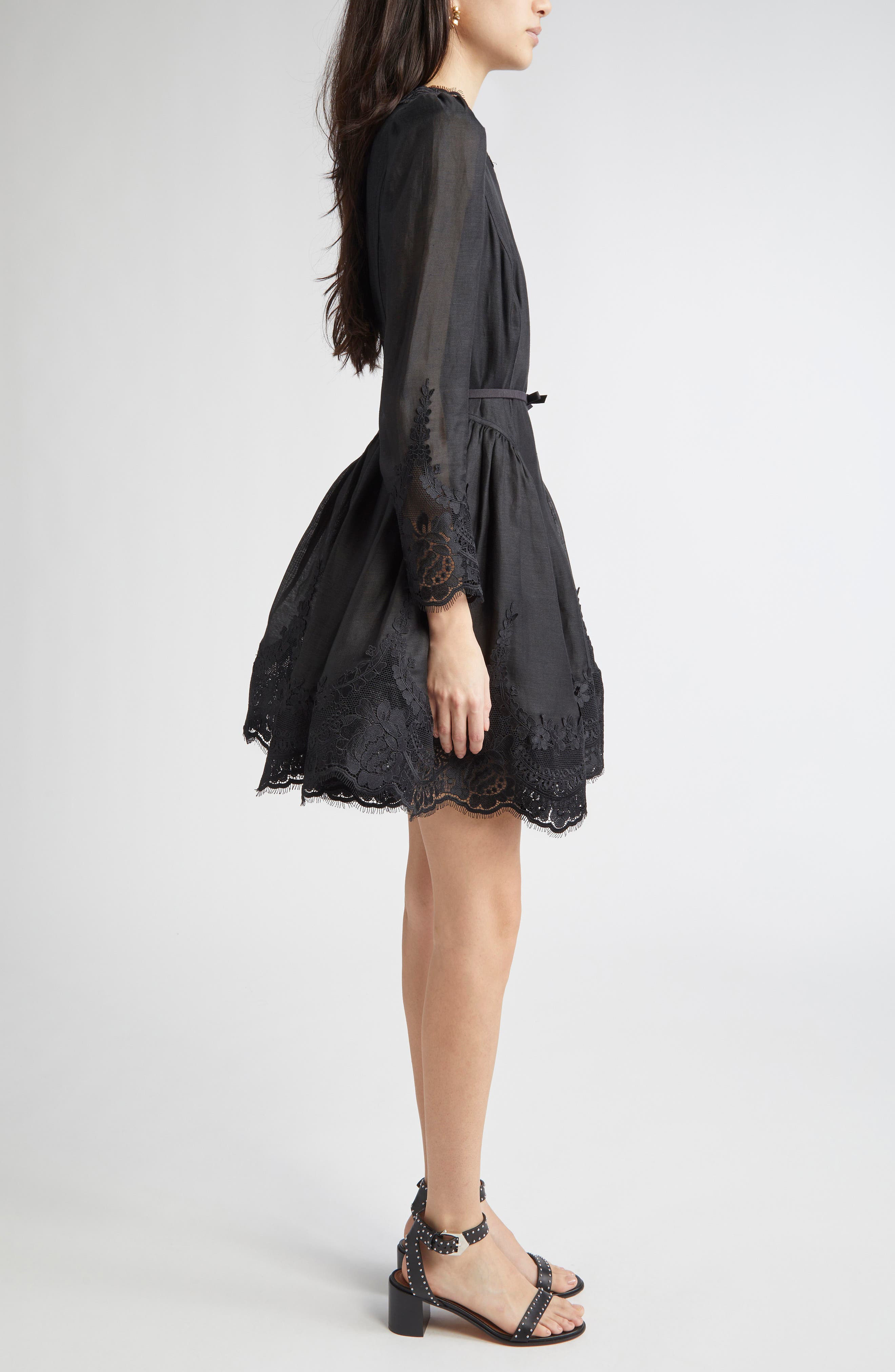 Zimmermann Hypnotic Lace Trim Long Sleeve Belted Linen & Silk Minidress in Black at Nordstrom - 3