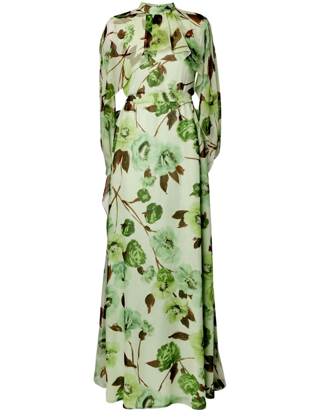 floral-print cape-design silk dress - 1