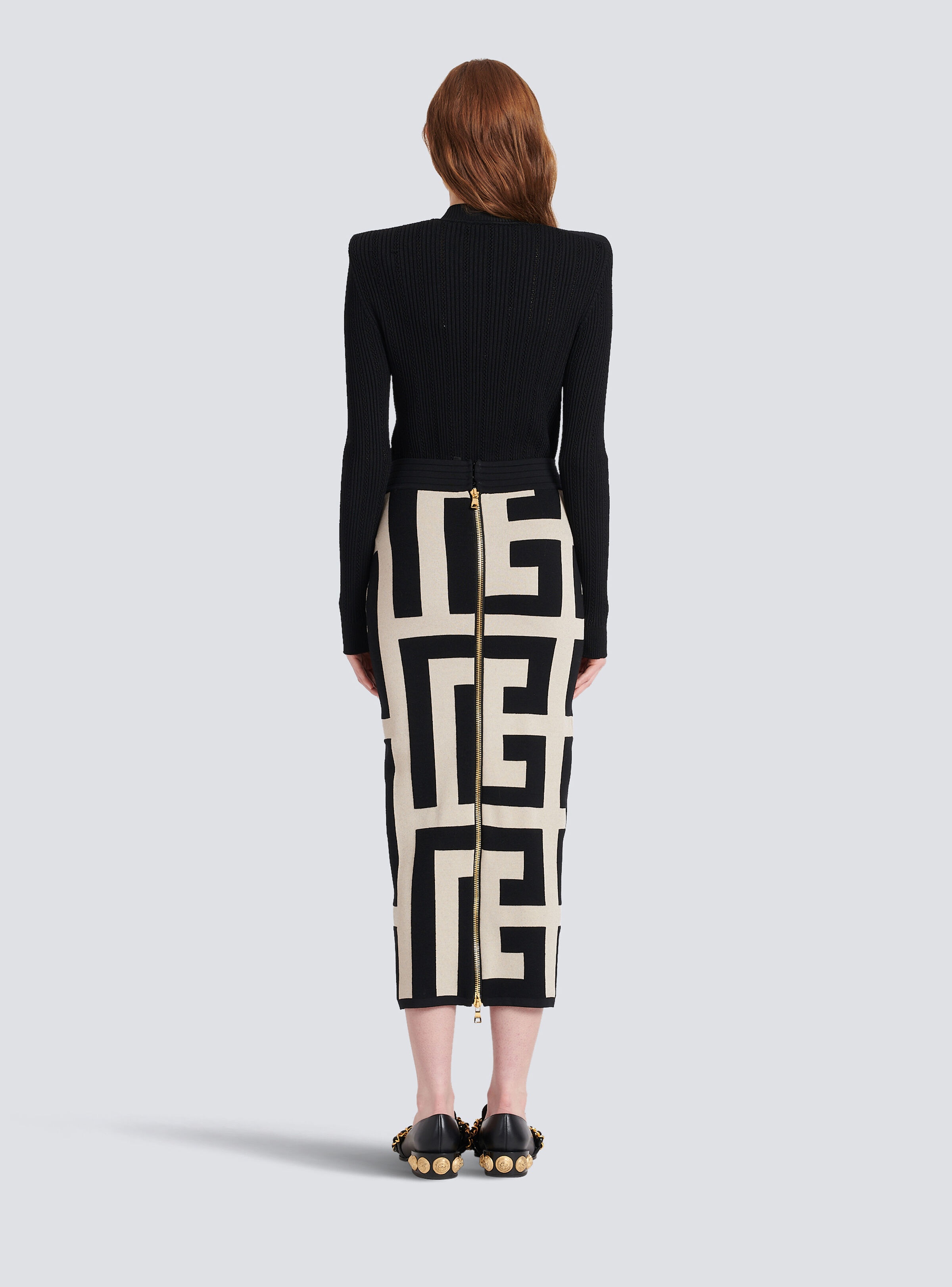 Mid-length knit skirt with maxi Balmain monogram print - 4