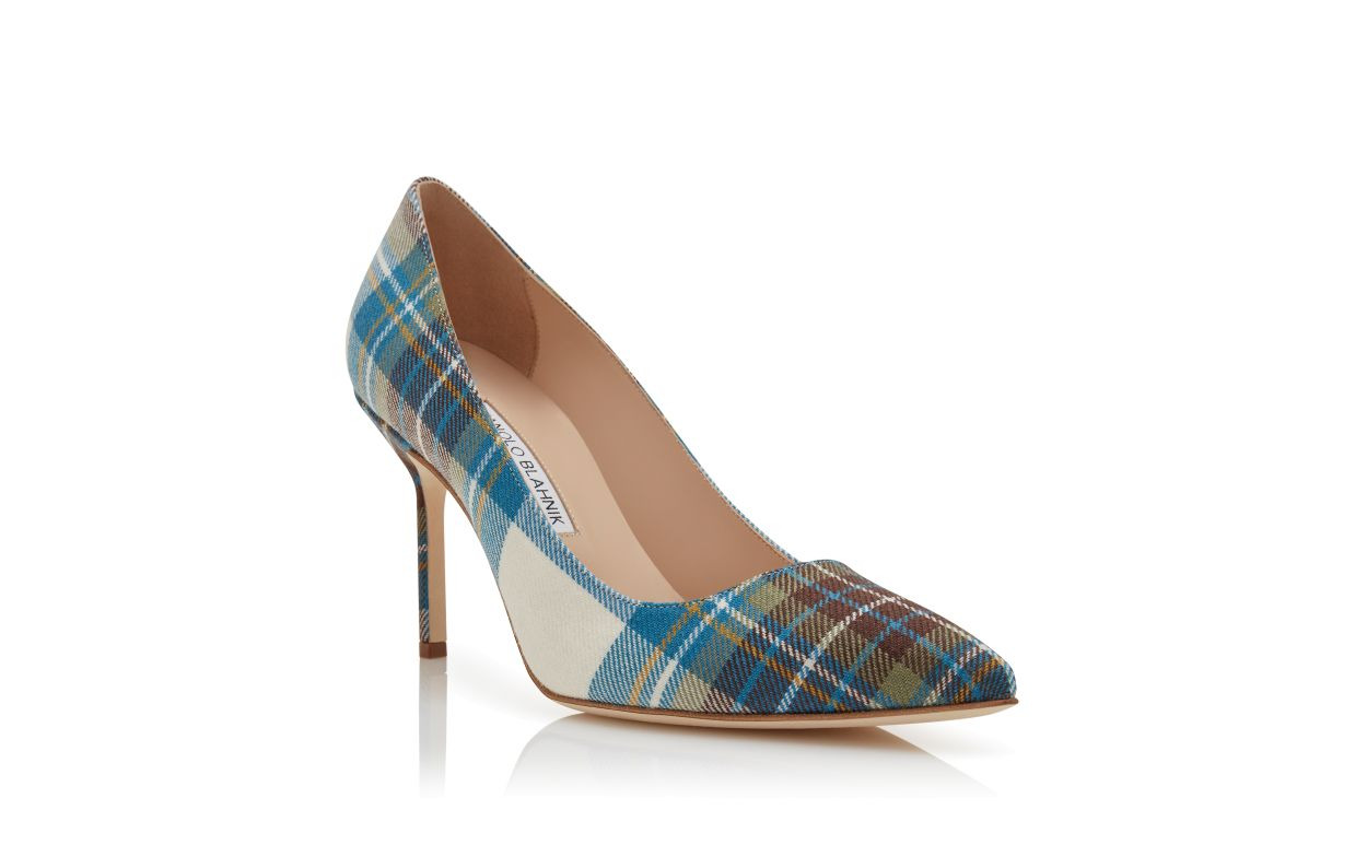 Blue Wool Tartan Pointed Toe Pumps - 3