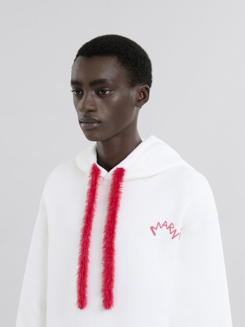 WHITE COTTON HOODIE WITH FLUFFY DRAWSTRINGS - 4