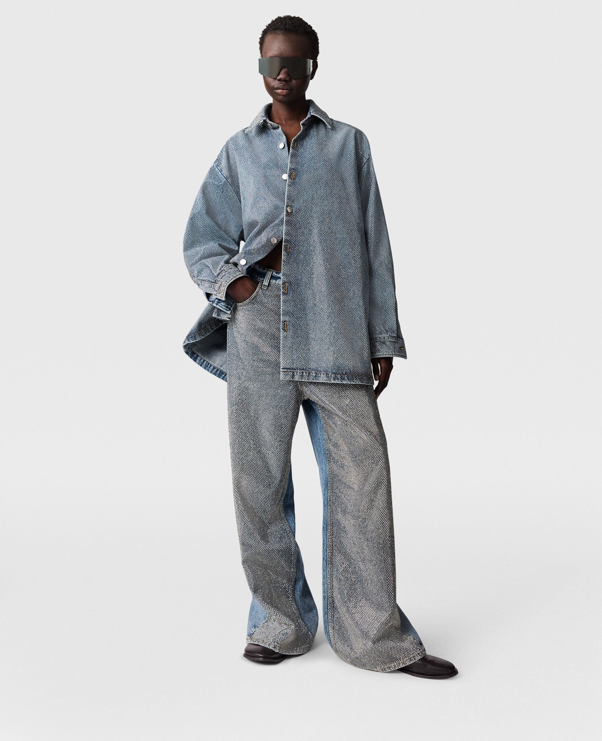 Oversized Rhinestone-Embellished Denim Shirt - 6