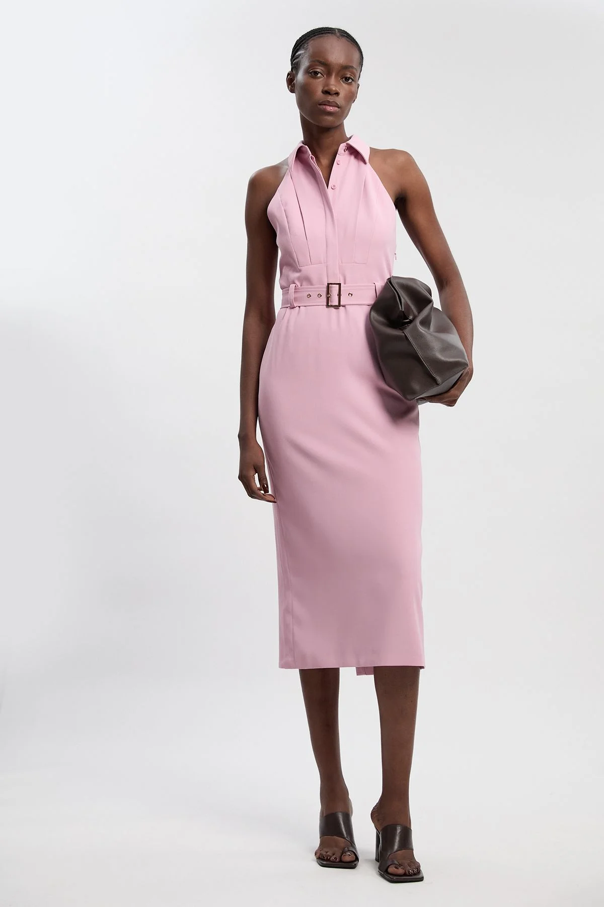 Twill Contrast Collar Woven Halter Neck Midi Dress - 1