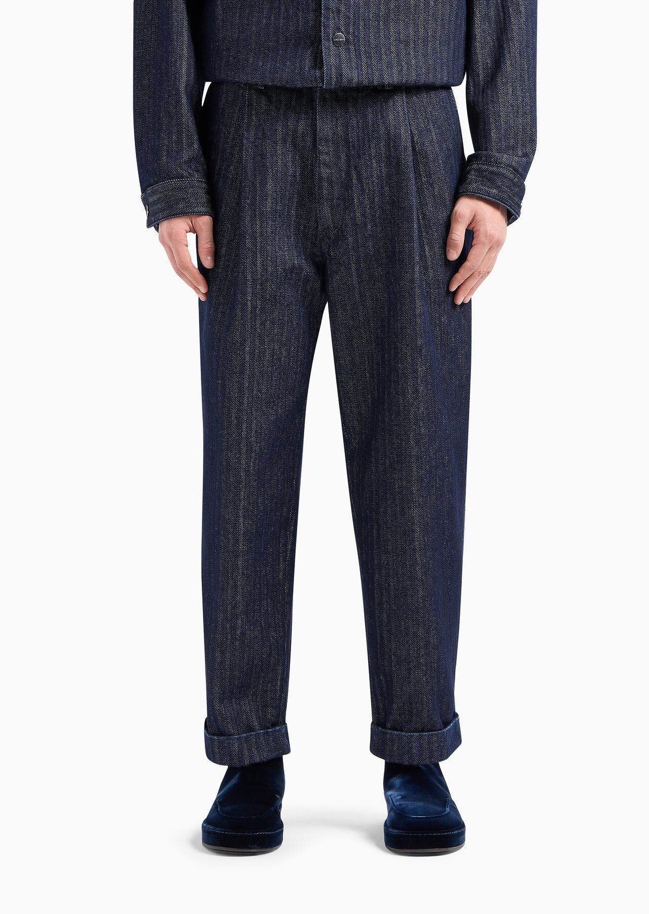 Single-pleat chevron cotton denim trousers - 2