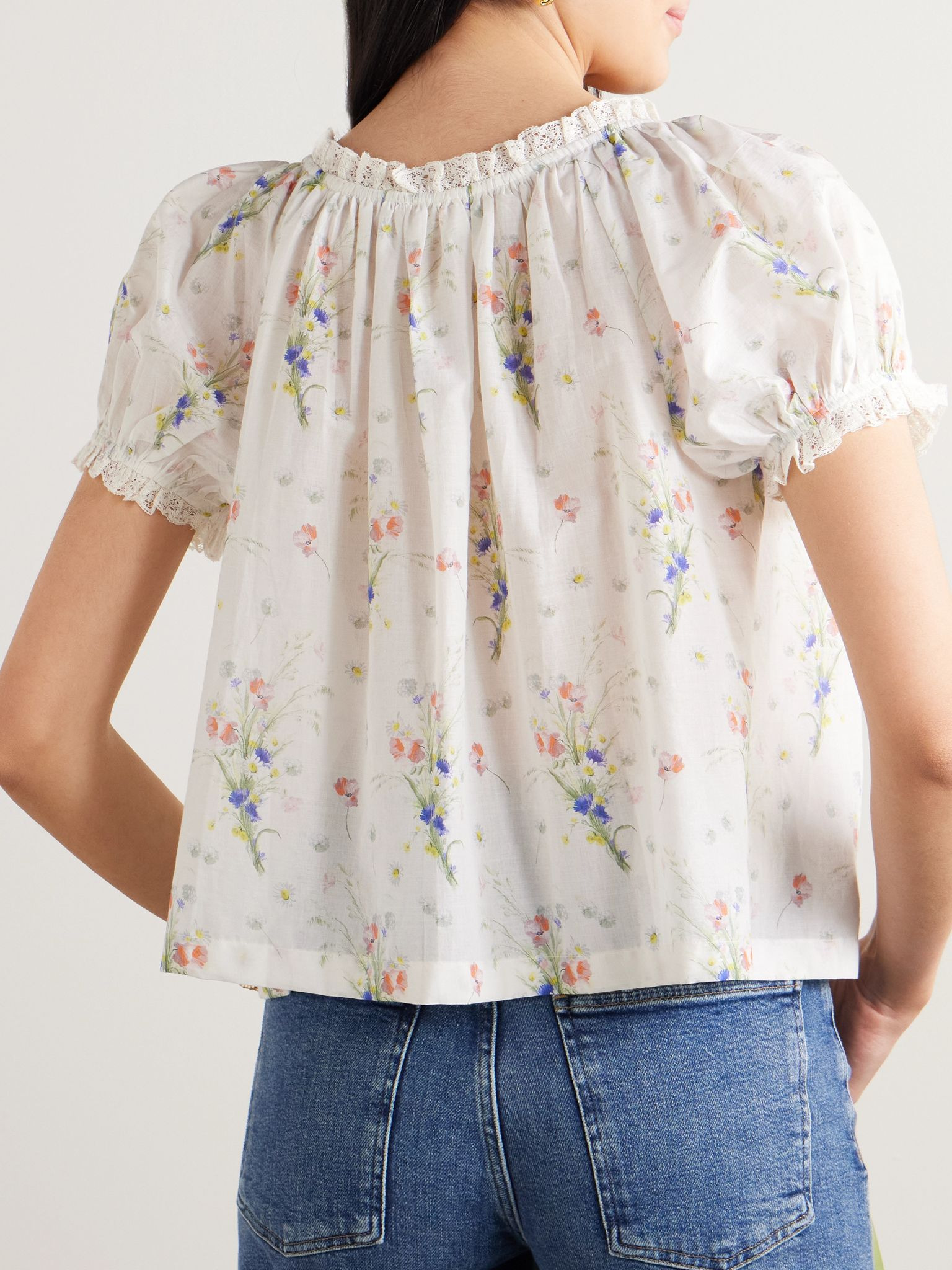 Frederica lace-trimmed floral-print pintucked organic cotton-voile blouse White - 4