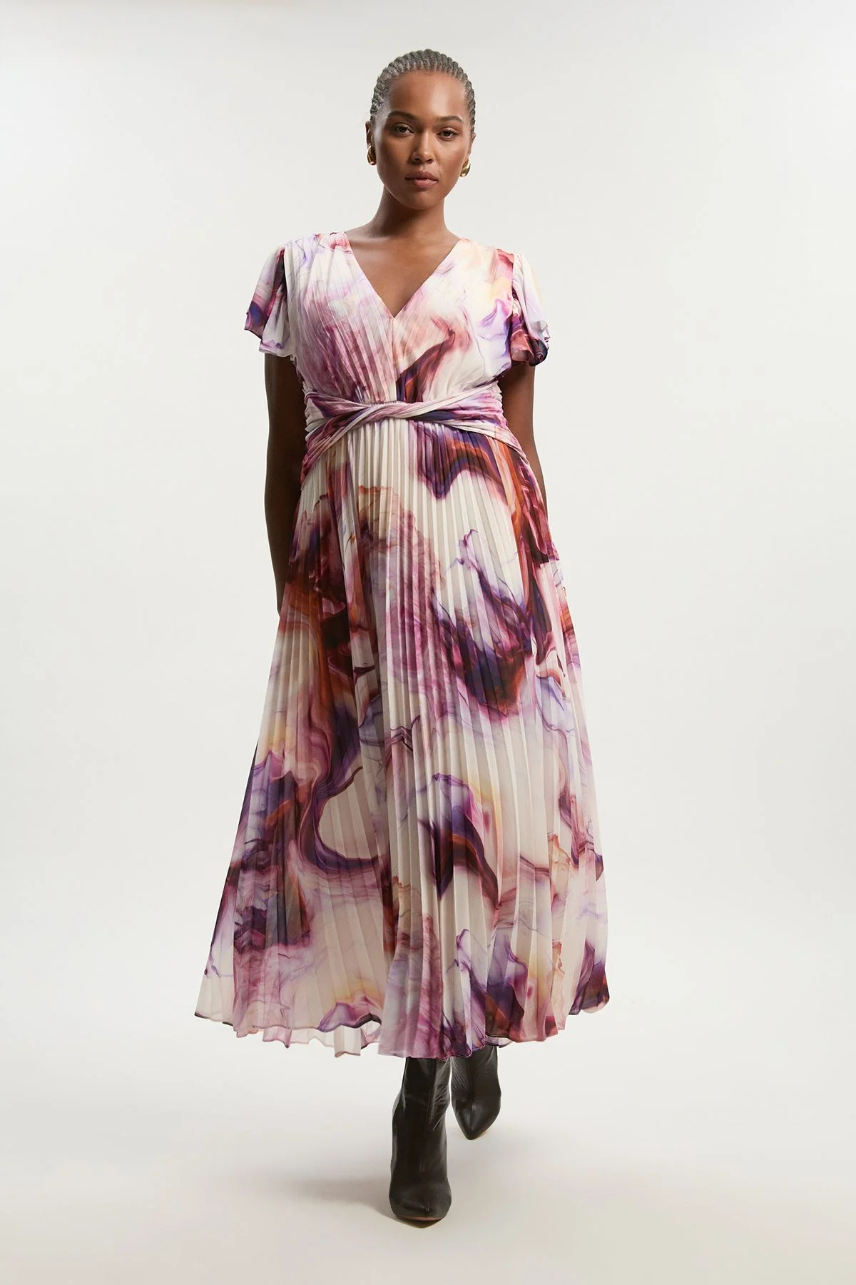 Plus Size Marble Soft Pleated V Neck Woven Maxi Dress - 1