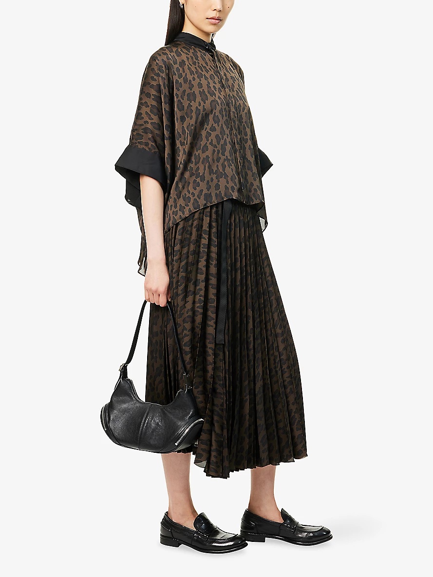 sacai Leopard-Print Pleated Woven Midi Skirt | REVERSIBLE