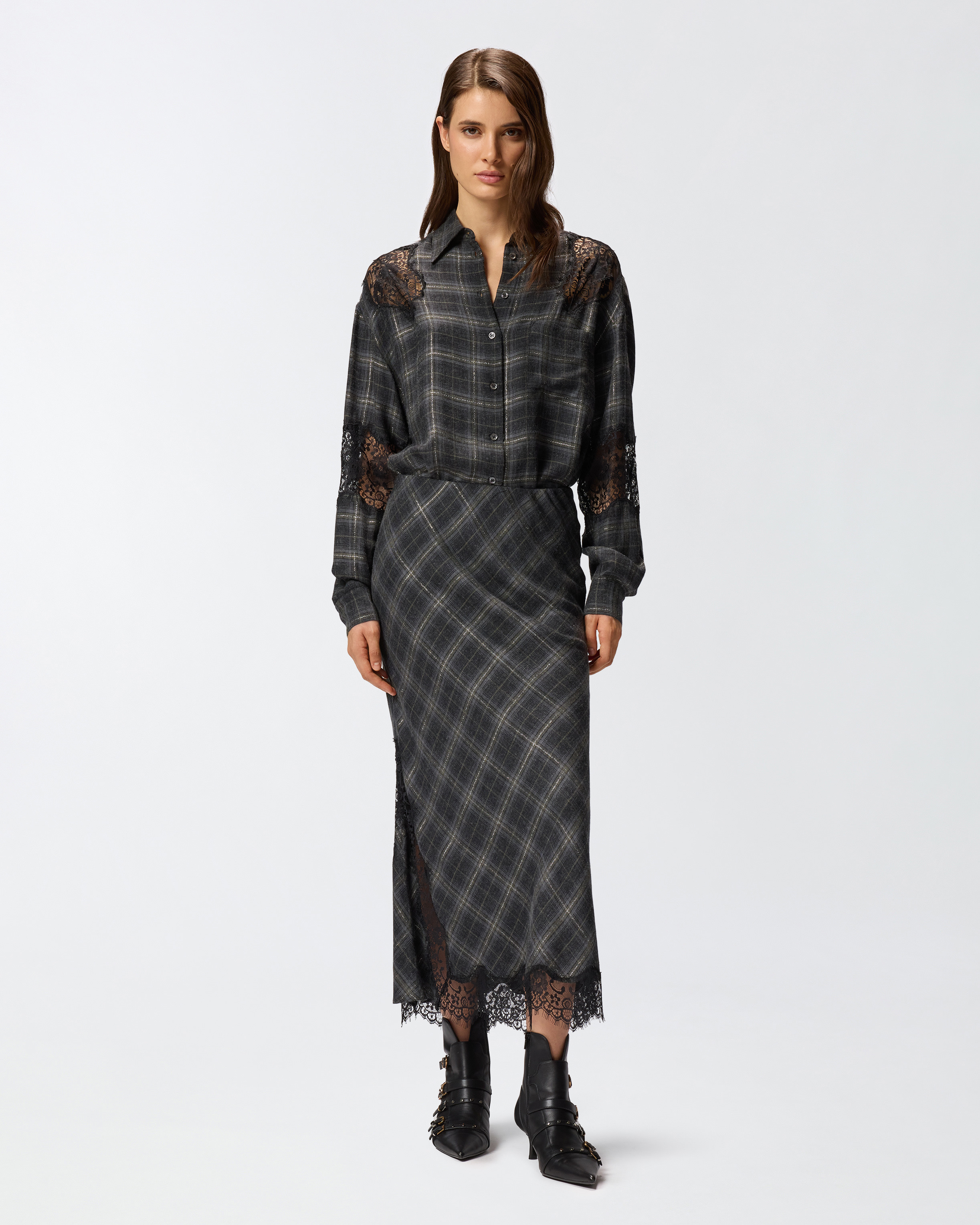 LONG CHECK SKIRT WITH LACE - 2