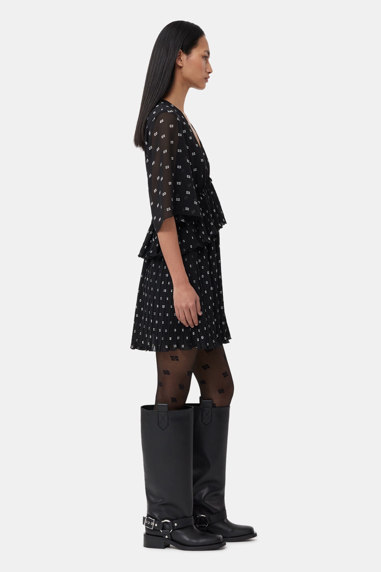 BLACK PLEATED GEORGETTE V-NECK FLOUNCE MINI DRESS - 4