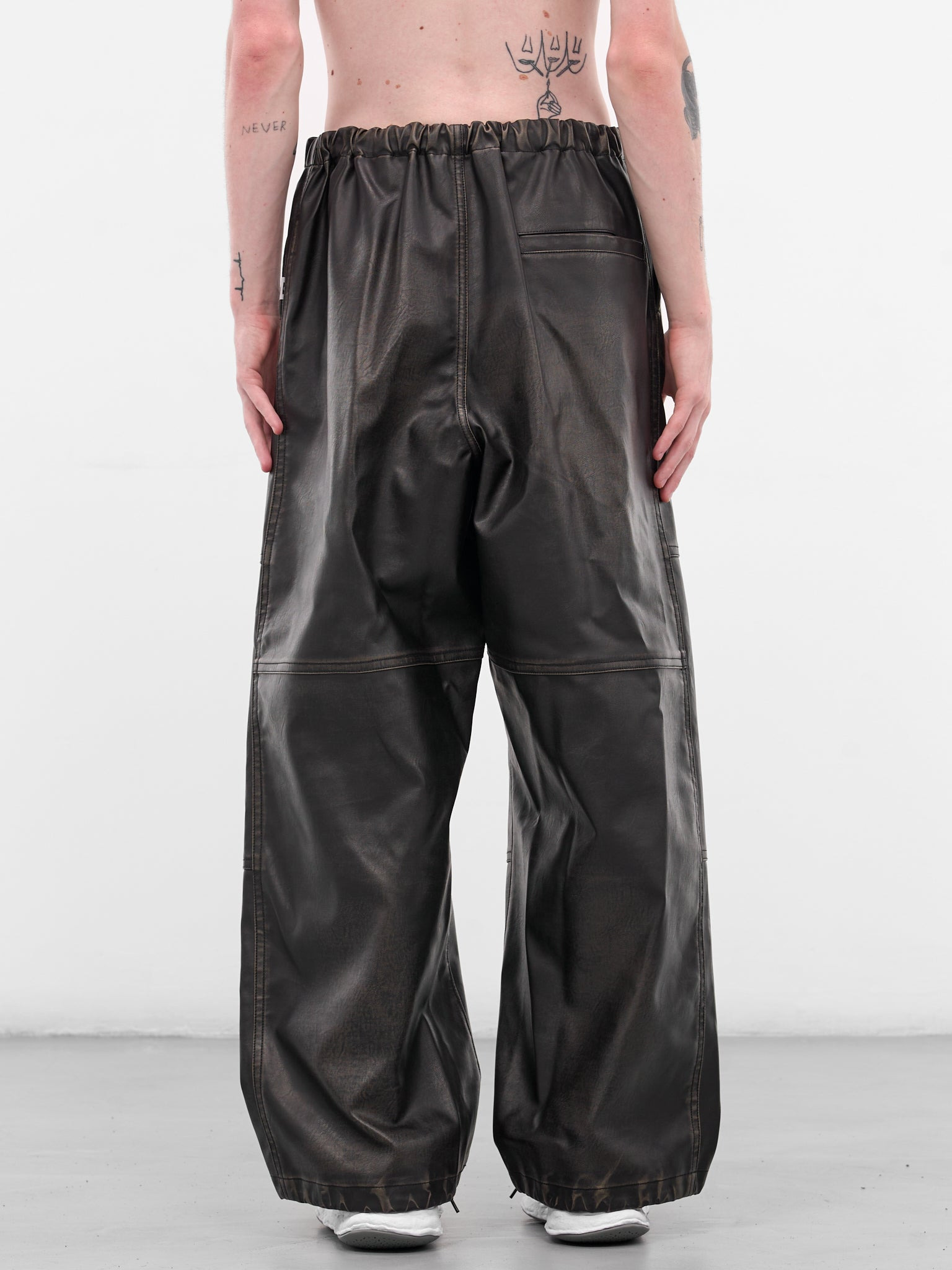 Black Leather Elastic Waist Pants - 3