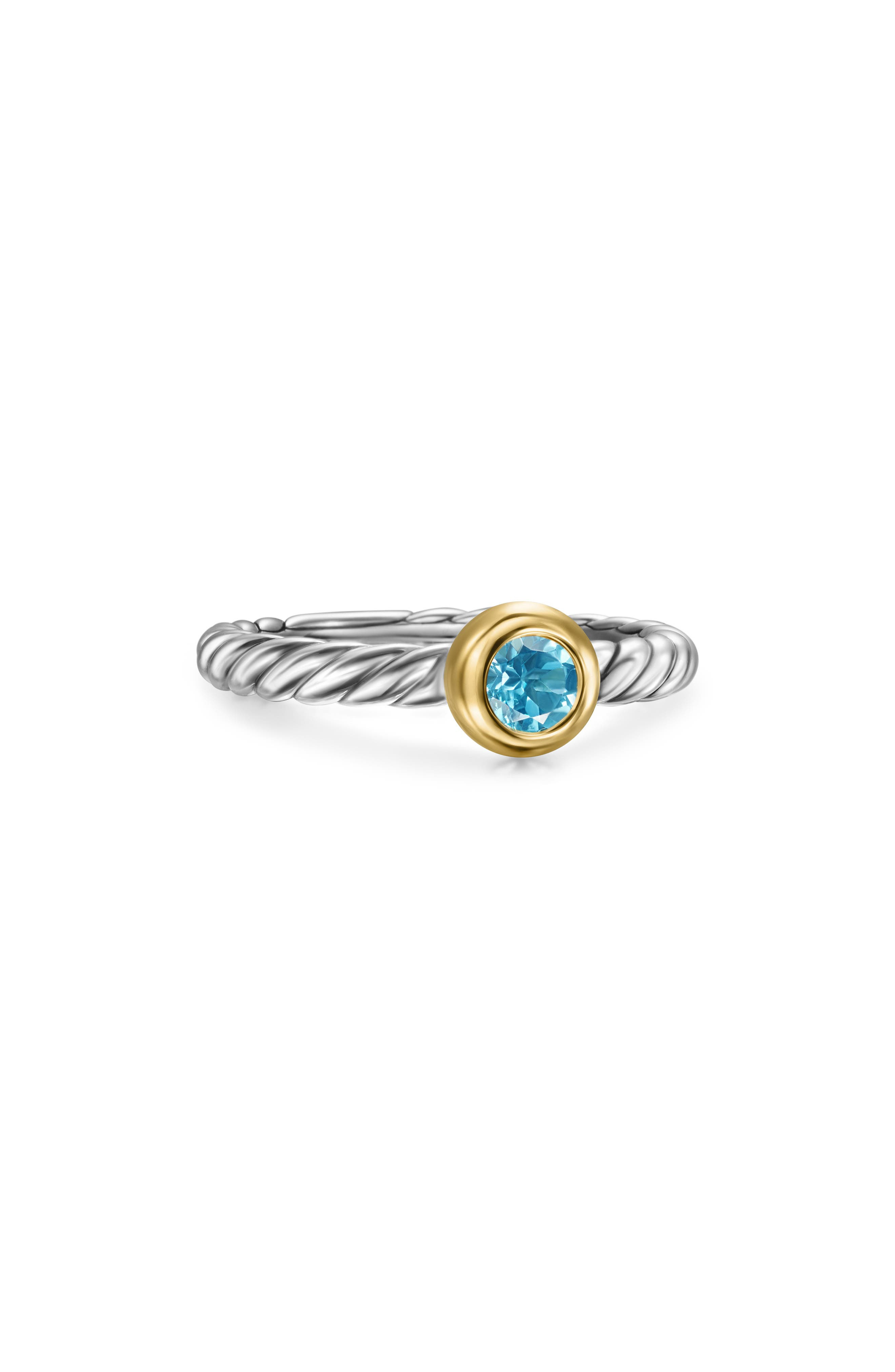 David Yurman Petite Cable Ring in Sterling Silver with 14K Yellow Gold in Silver/Gold/Blue Topaz at  - 5