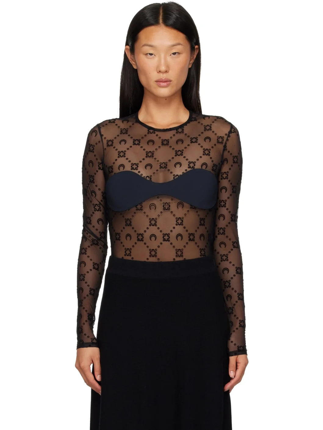Black Monogram Mesh Flock Bodysuit - 1