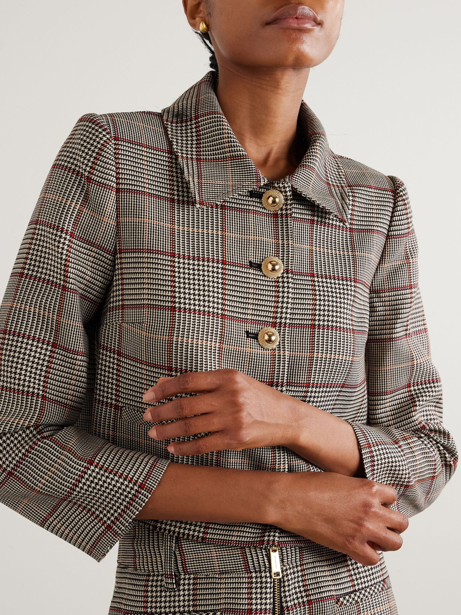 Plush-trimmed checked wool-blend jacket Brown - 5