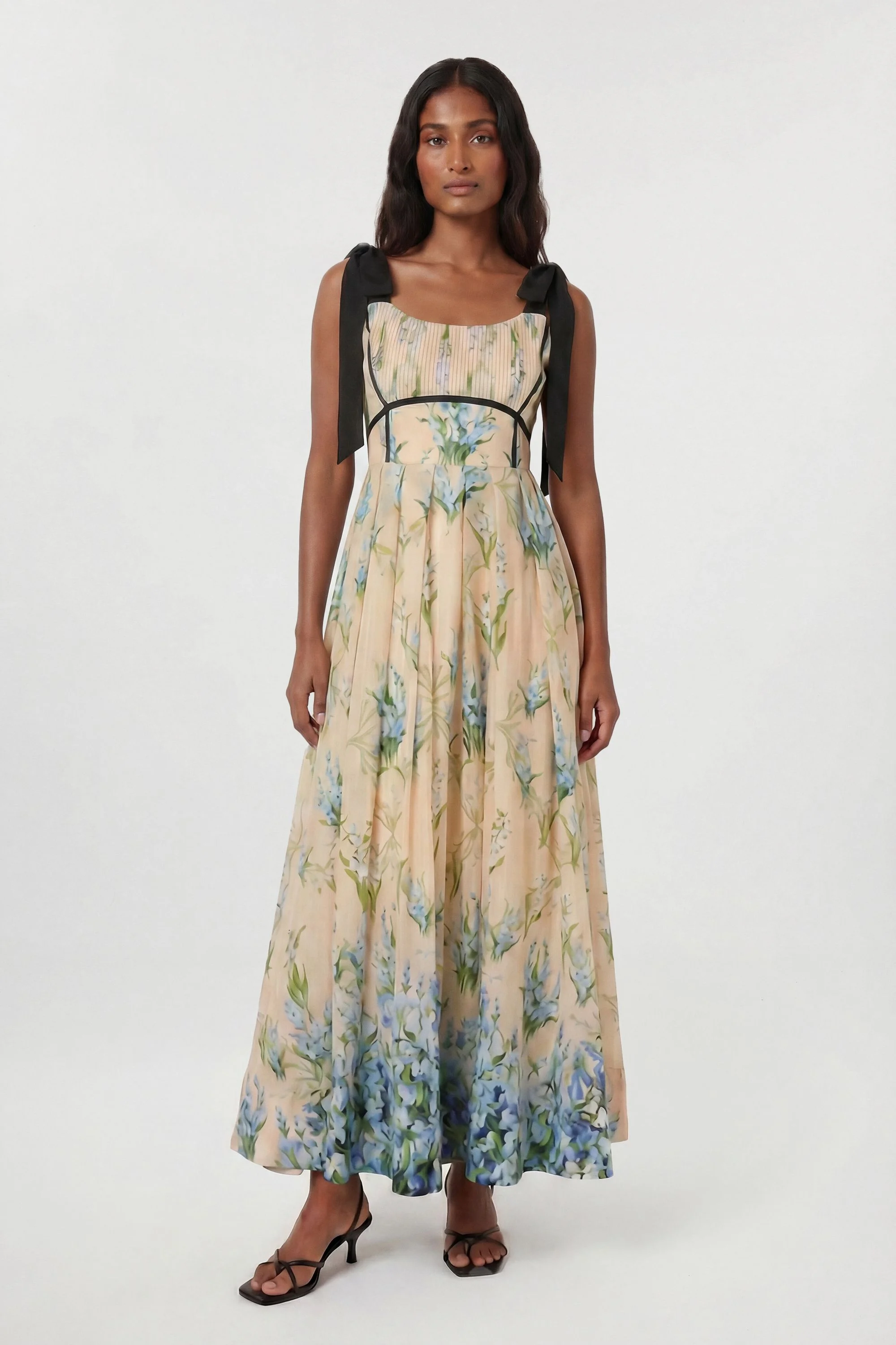 Floral Silk Cotton Tie Strap Woven Midi Dress - 1