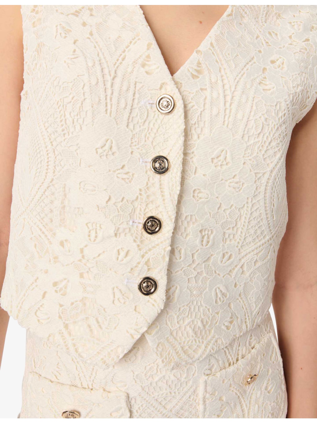 Lace-Embroidered V-neck Stretch-Woven Waistcoat - 5