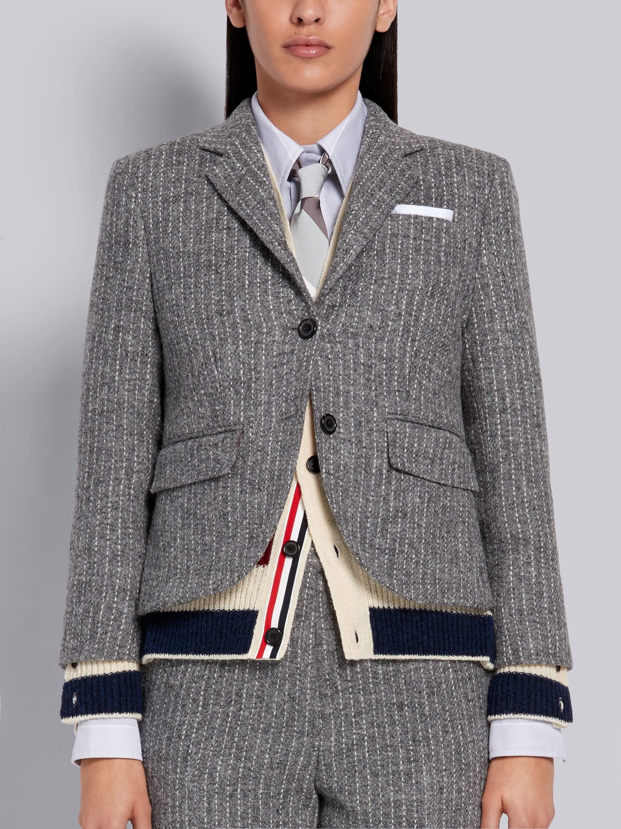 Medium Grey Harris Wool Tweed Chalk Stripe High Armhole Jacket - 1