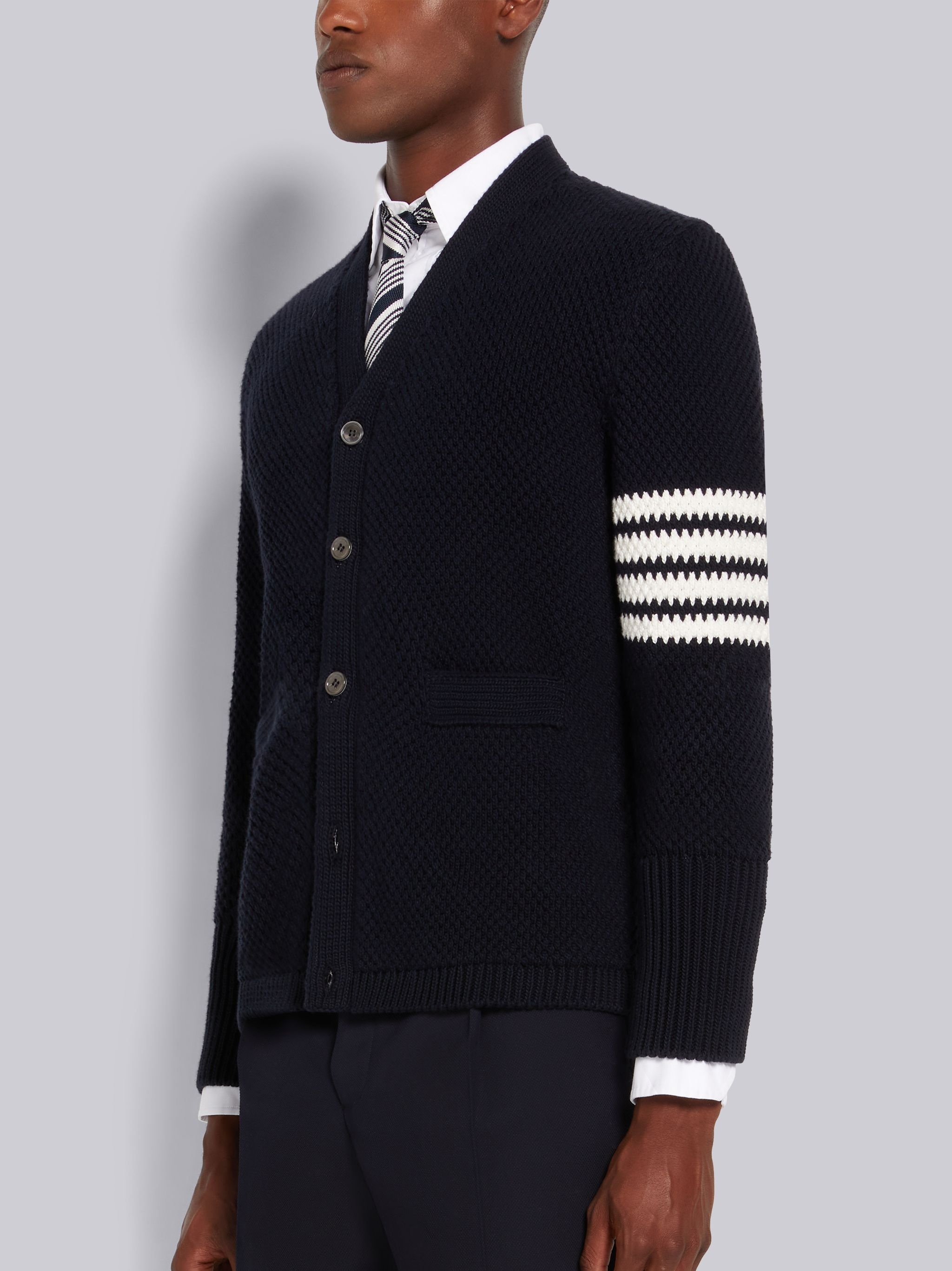 Navy Seed Stitch Cotton 4-Bar High Neck Cardigan - 2