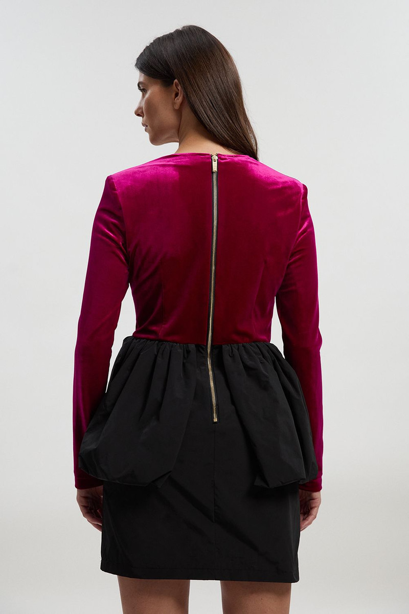 Velvet Plunge Neck Taffeta Peplum Long Sleeve Mini Dress 5
