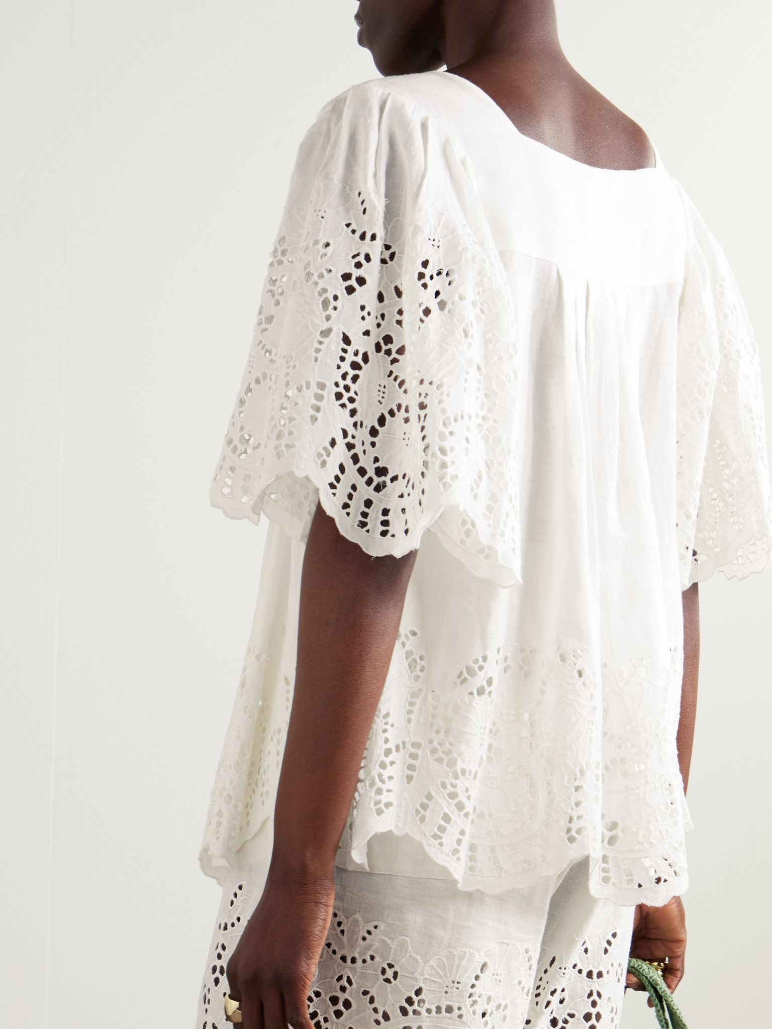 Scarletta pleated broderie anglaise linen and cotton-blend blouse Off-white - 3