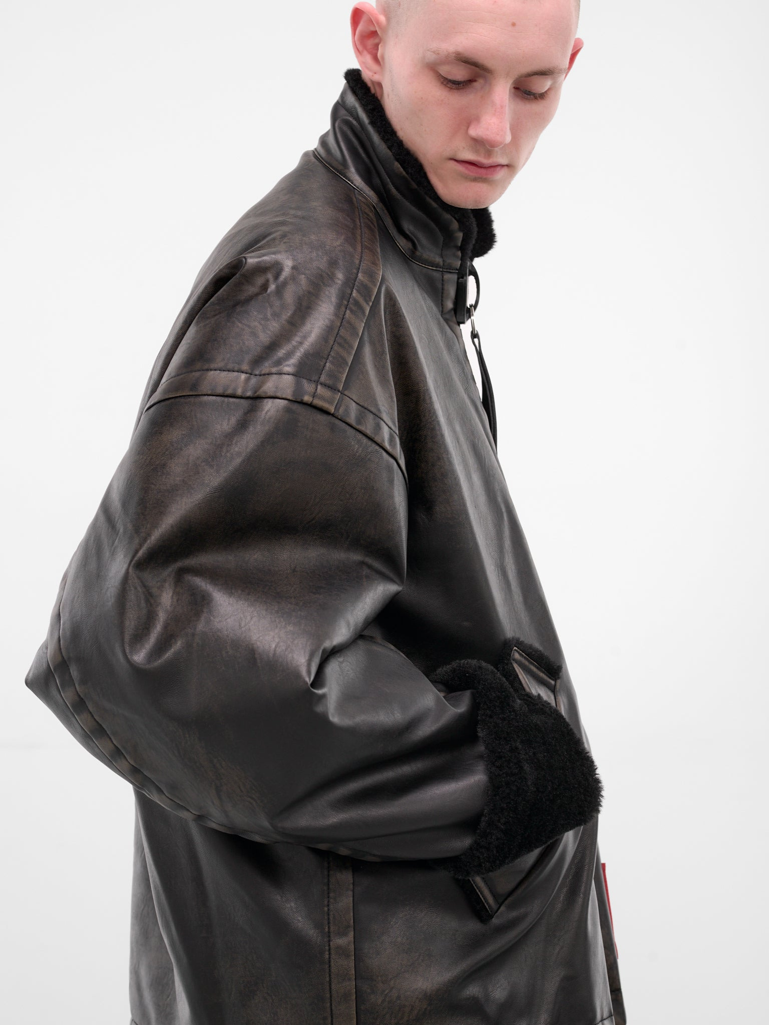 Black Oversized Leather Shearling Jacket - 4