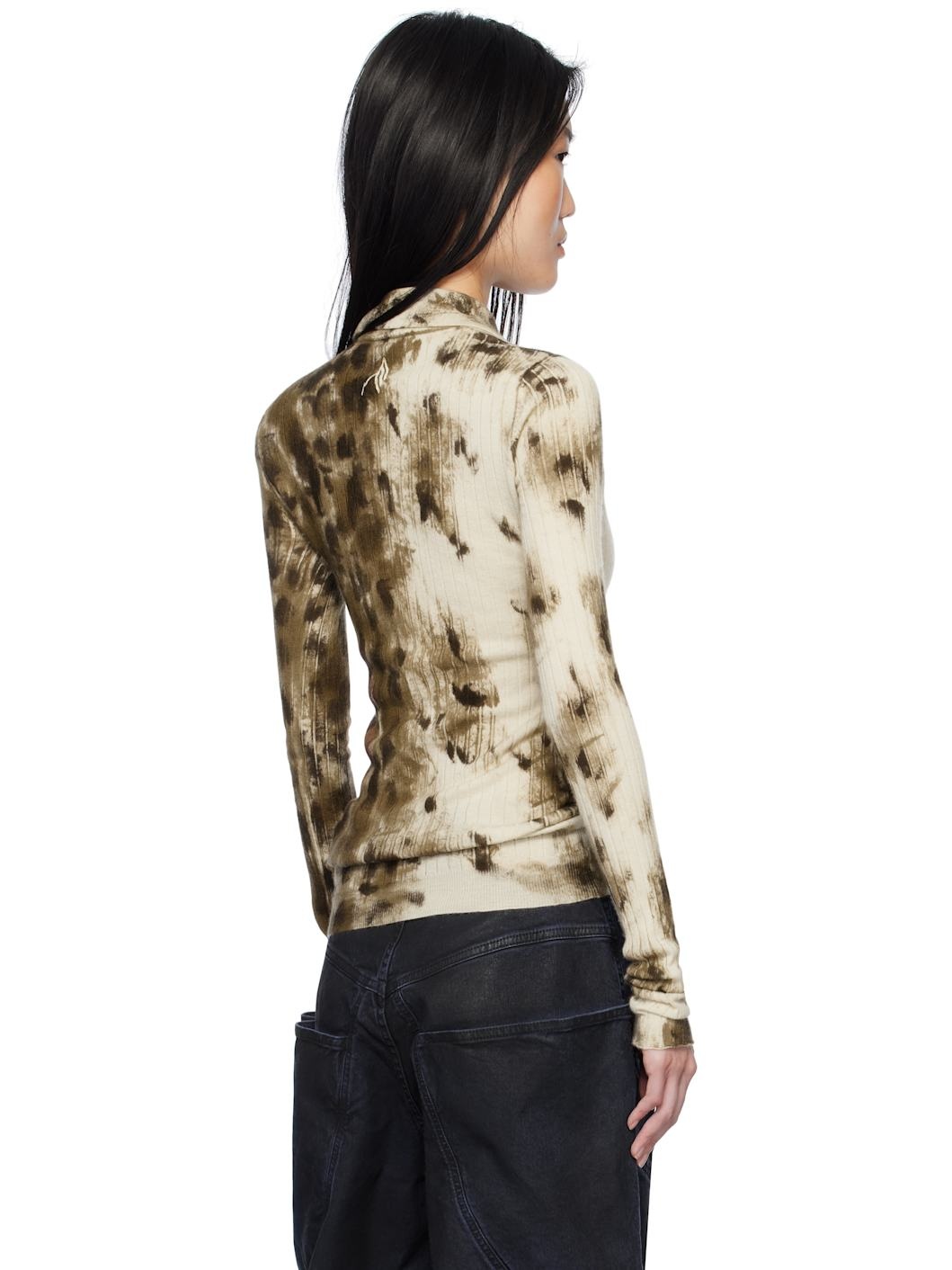 Beige & Brown Long Sleeve Animal Print Polo - 3