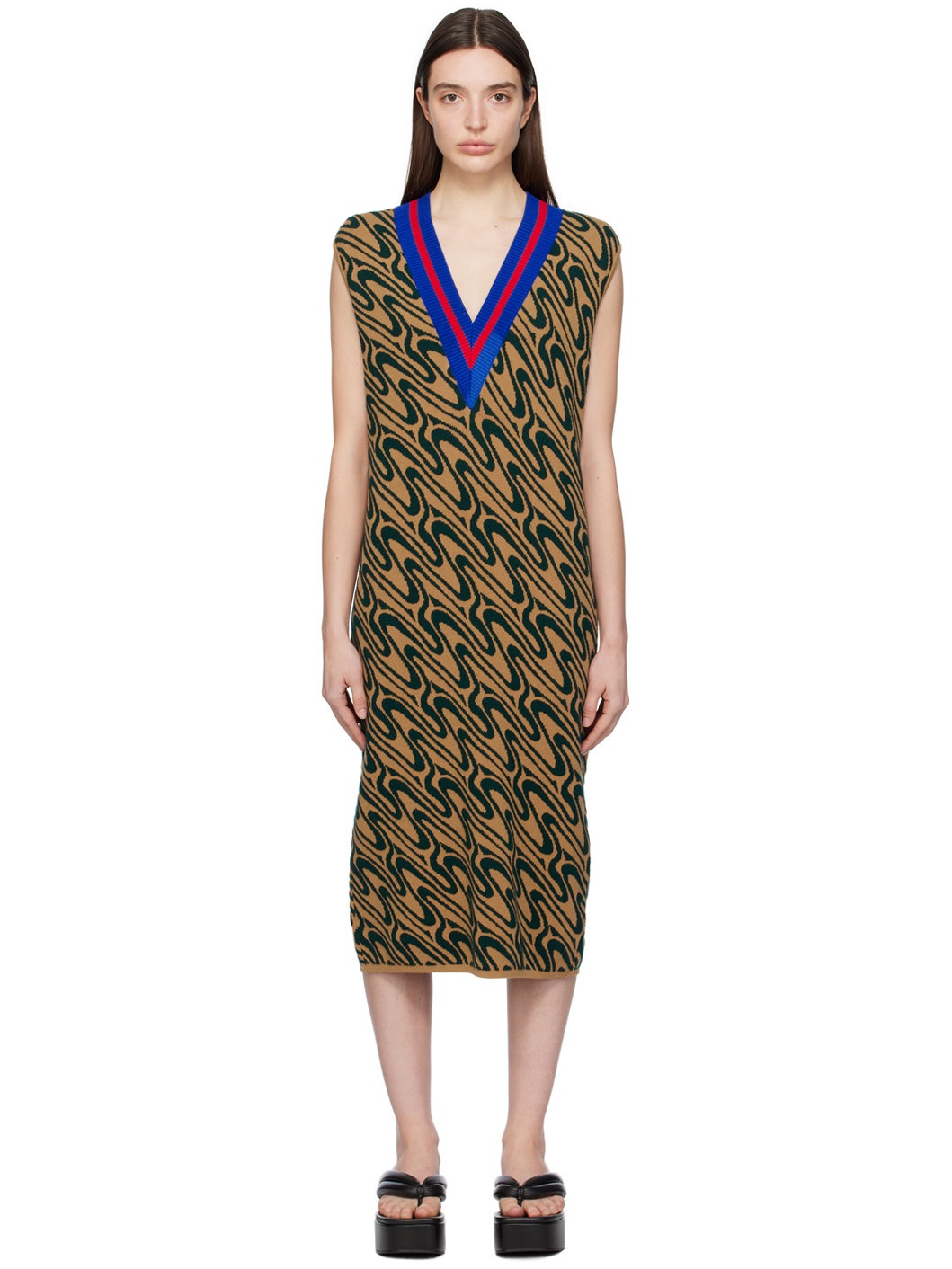 Tan & Green Jacquard Midi Dress - 1