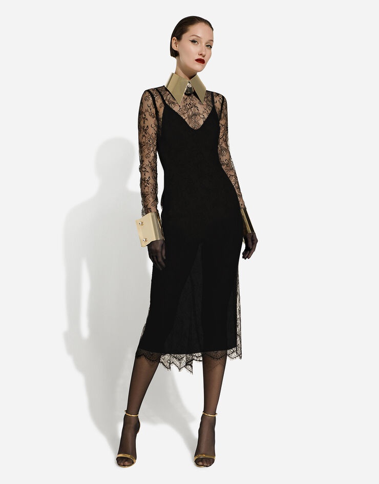 Chantilly lace fil coupé calf-length dress - 3