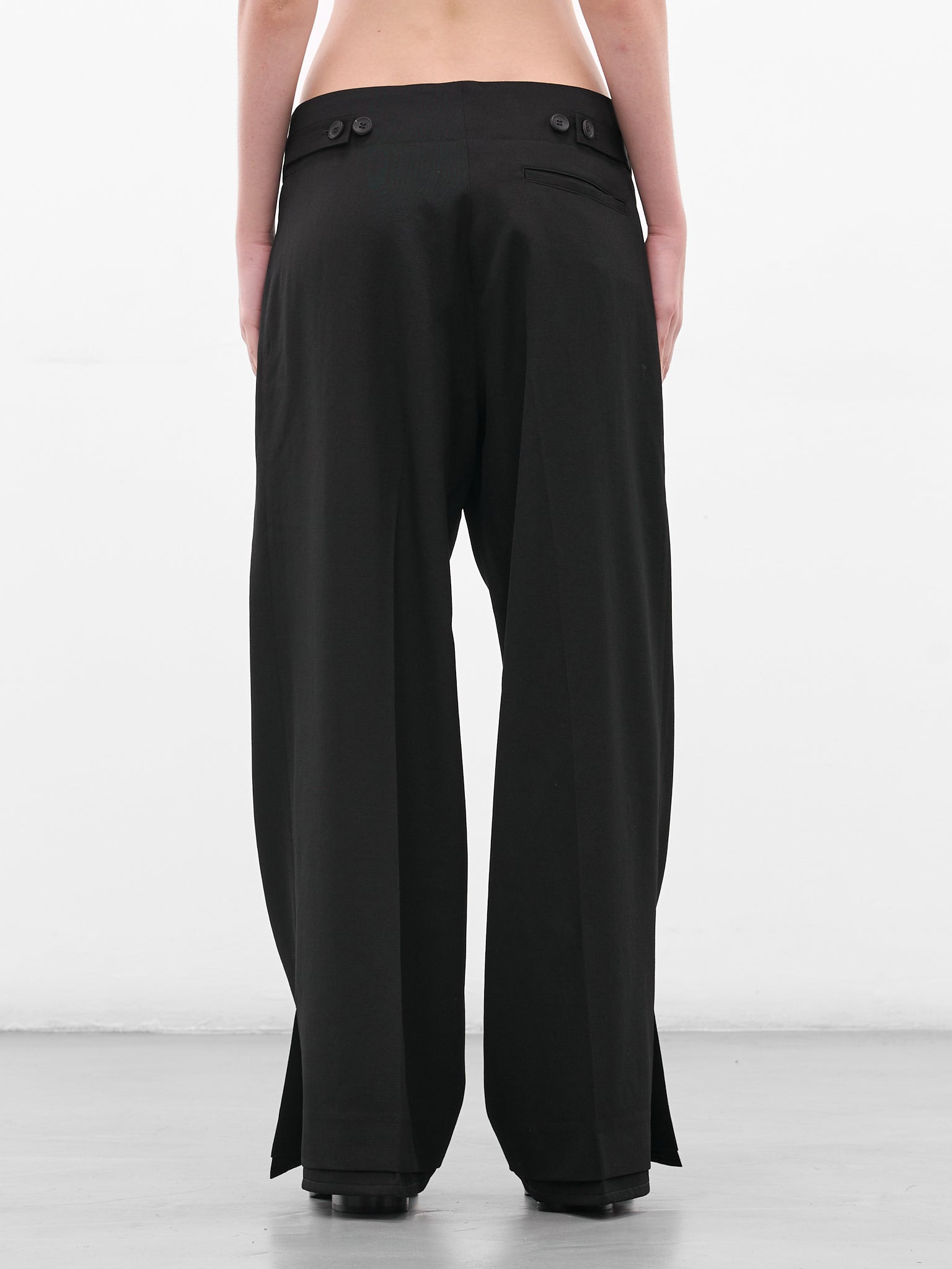 Black Gabardine Vent Wide Trousers - 3