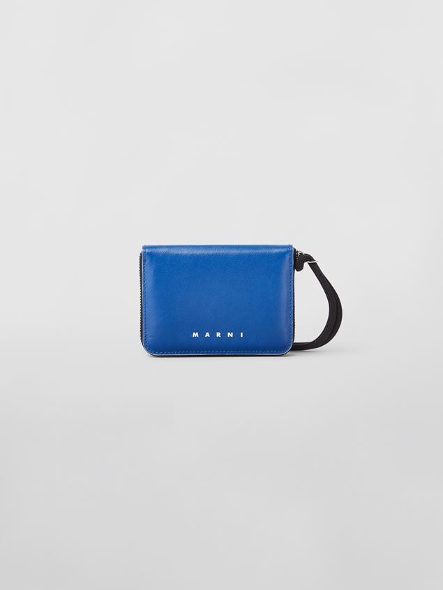 BI-COLOURED BLUE AND BORDEAUX CALFSKIN MUSEO WALLET WITH SHOULDER STRAP - 1