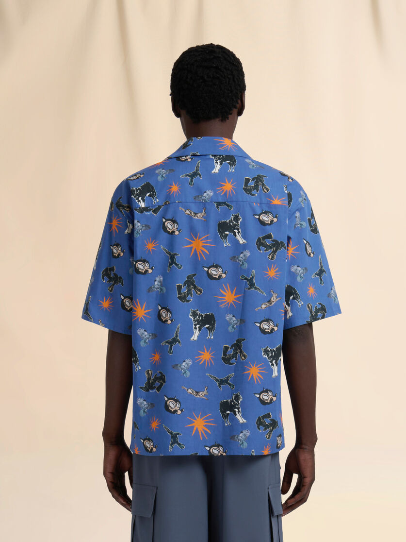 BLUE POPLIN BOWLING SHIRT WITH WOLVES, RAVENS AND DOVES PRINT - 3