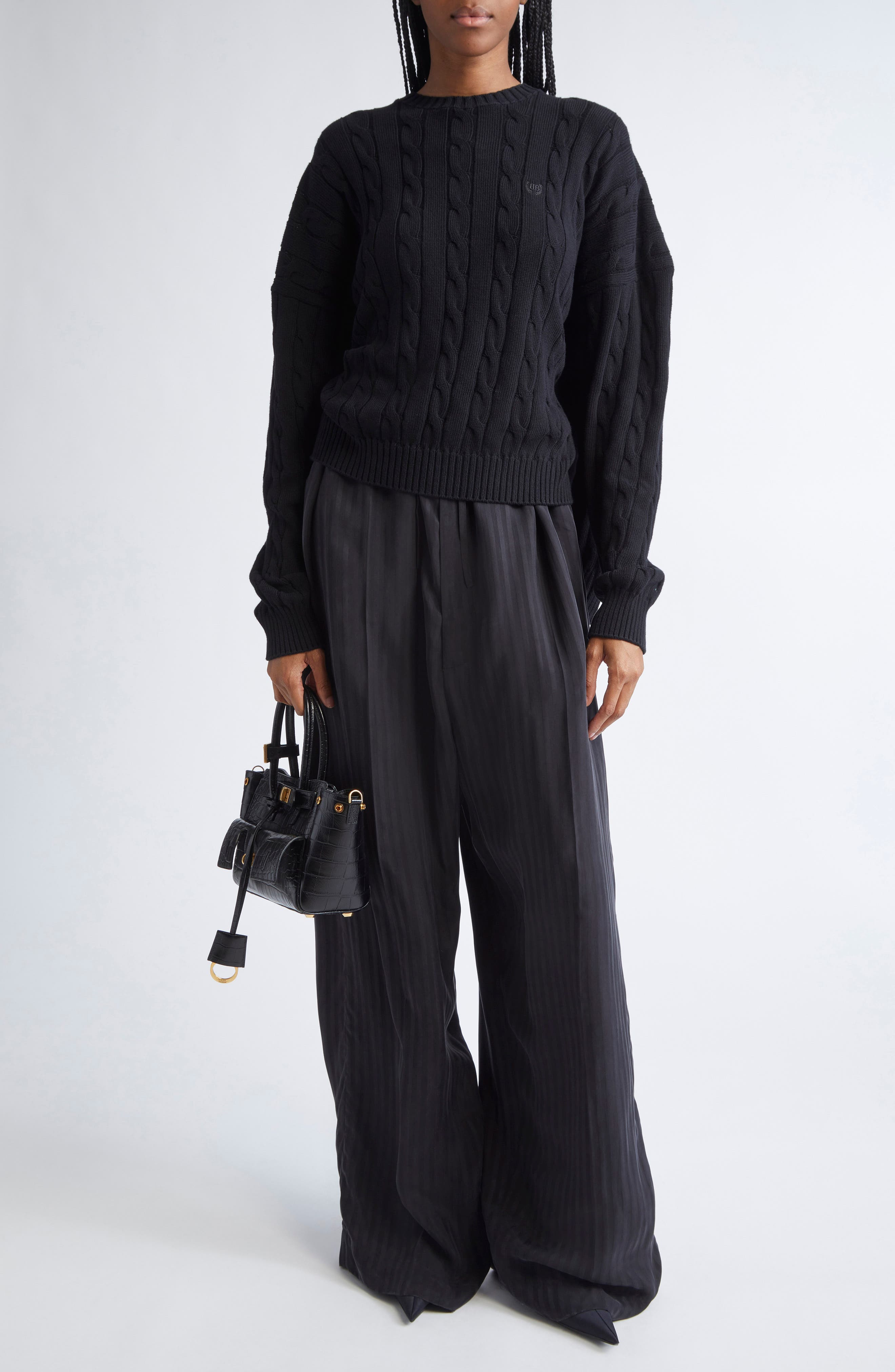 Balenciaga Cotton Cable Knit Sweater in 1000 Black at Nordstrom - 2