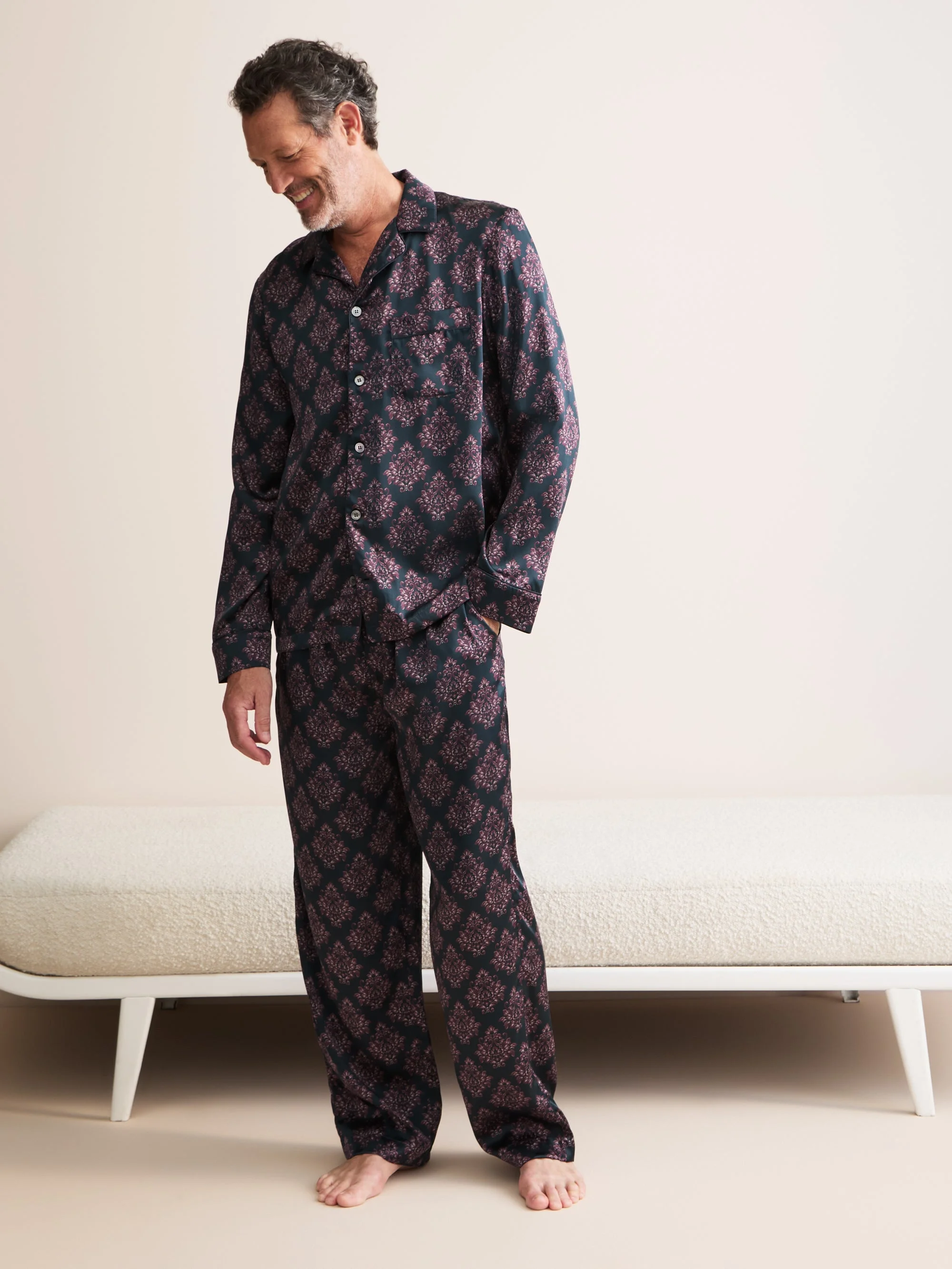 Brindisi Silk Pajamas Midnight Navy & Wine Damask - 1
