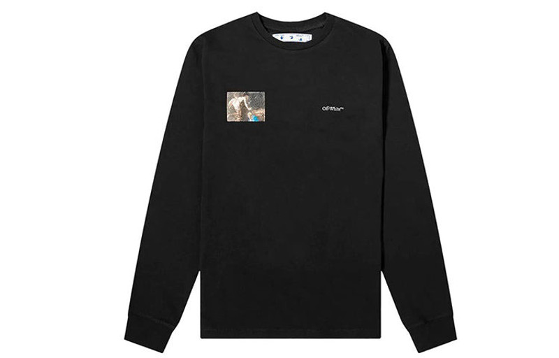Men's Off-White c/o Virgil Caravaggio Printing Round Neck Long Sleeves Black T-Shirt OMAB001E20JER00 - 1