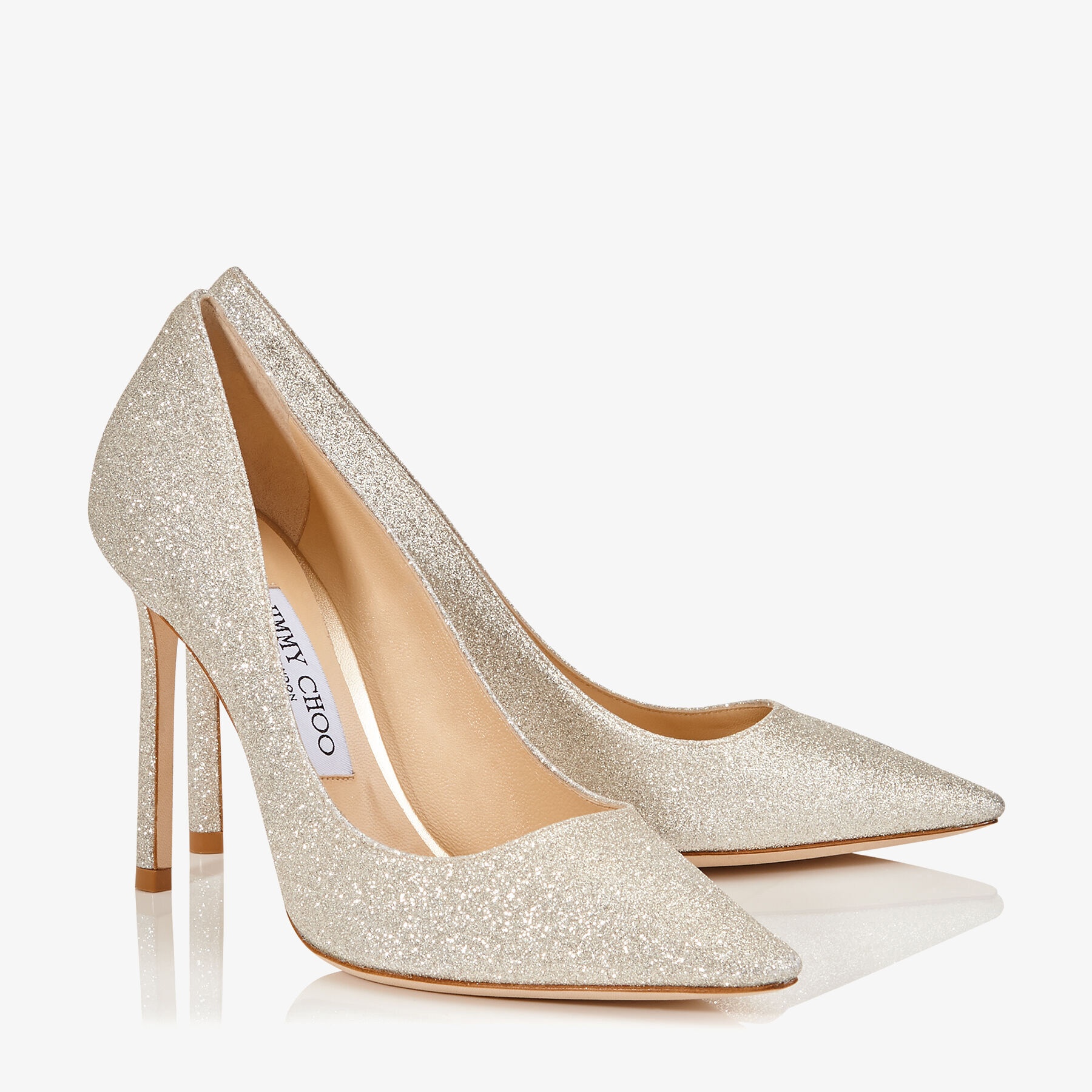 JIMMY CHOO ROMY 100 36½ PLATINUM ICE Platinum Ice Dusty Glitter Pointy Toe Pumps | Romy 100