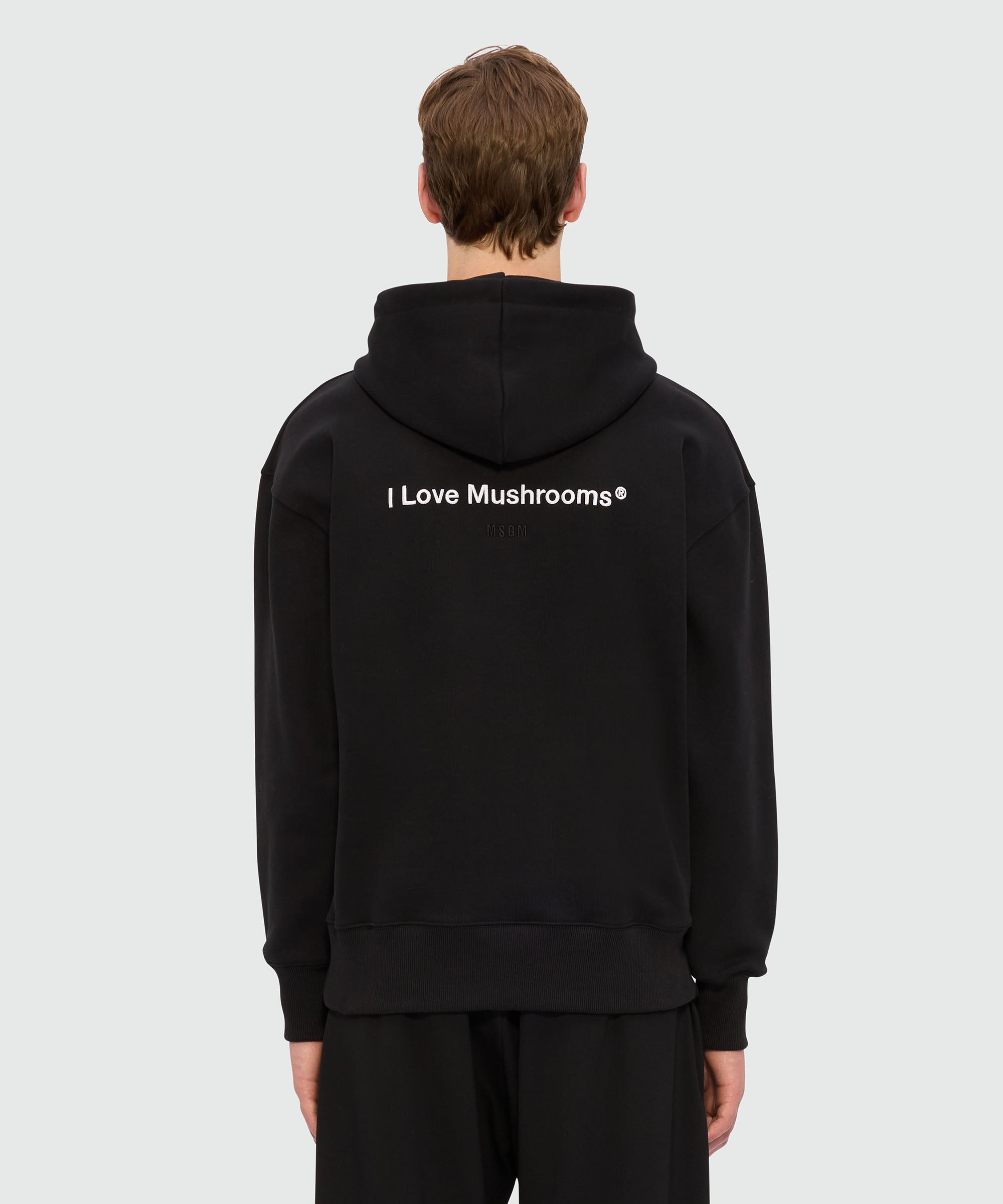Black jersey hoodie with "I Love Mushrooms" patch and quote - 3