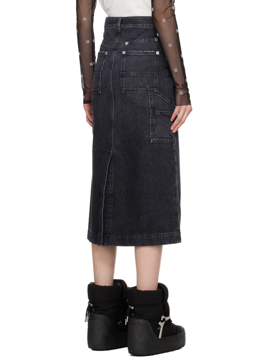 Black Reinforced Panel Denim Midi Skirt - 3