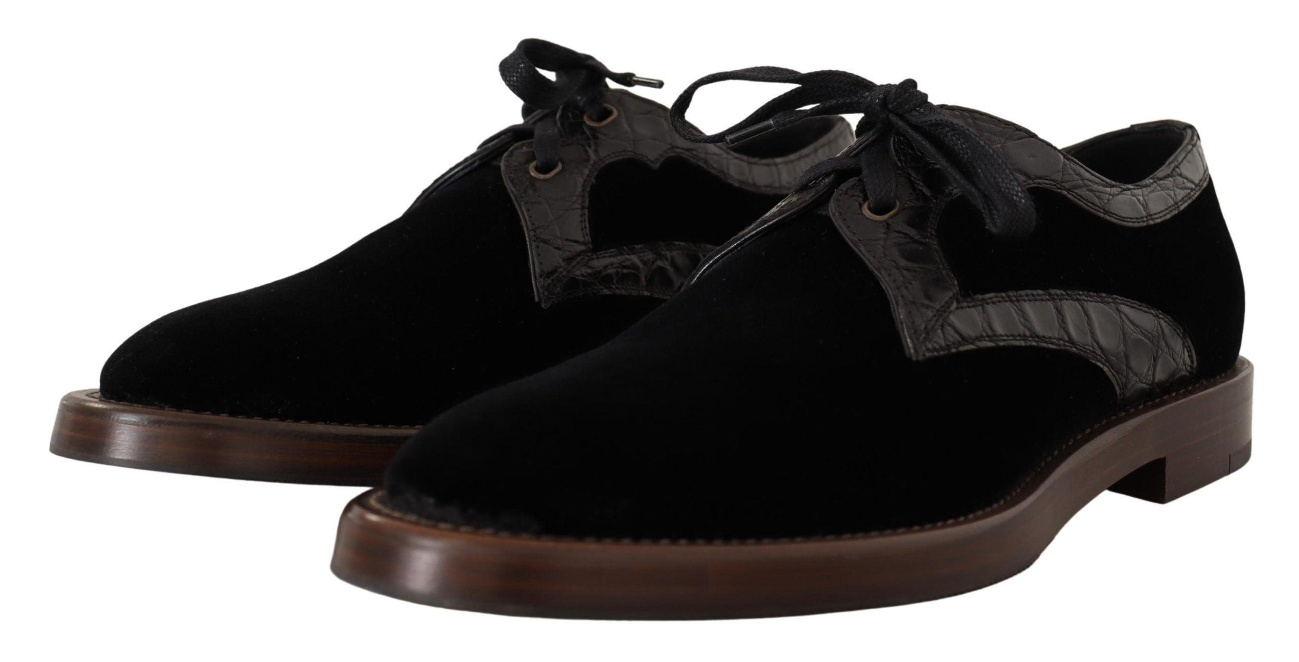 Dolce & Gabbana Black Velvet Exotic Leather Shoes - 2