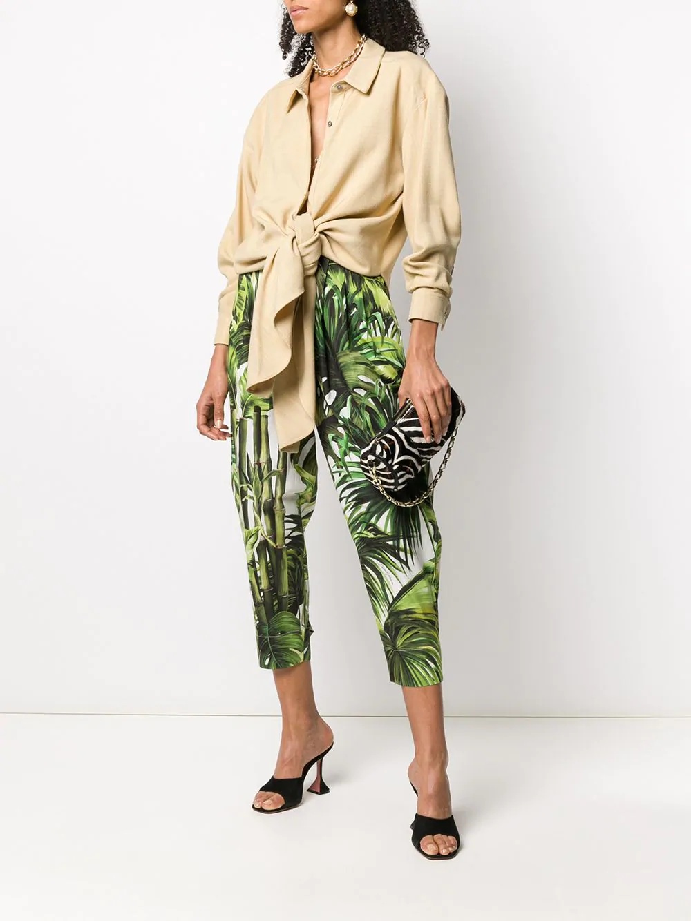 leaf print high-waisted trousers  - 2