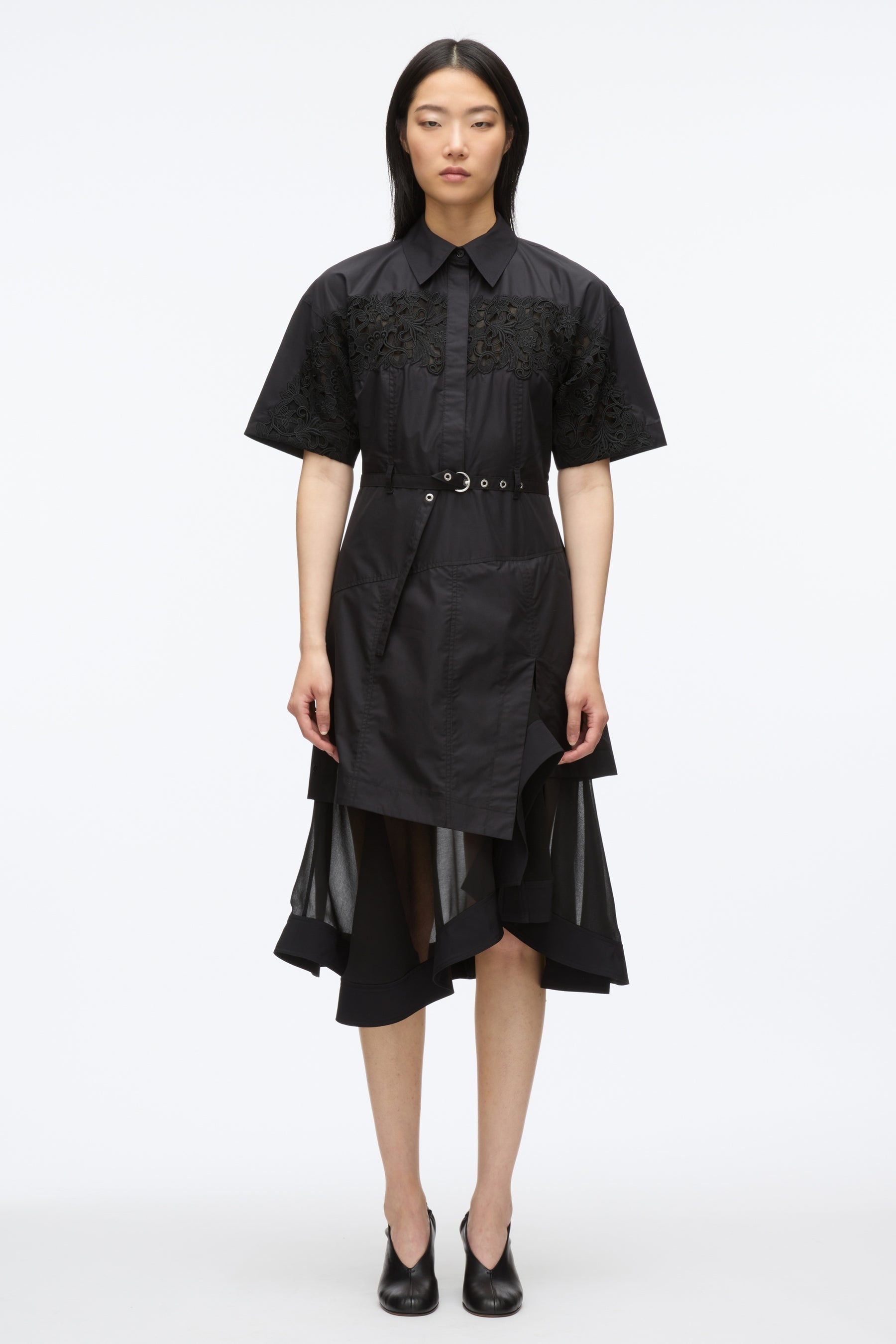 Cascade Hem Shirt Dress with Lace - 2
