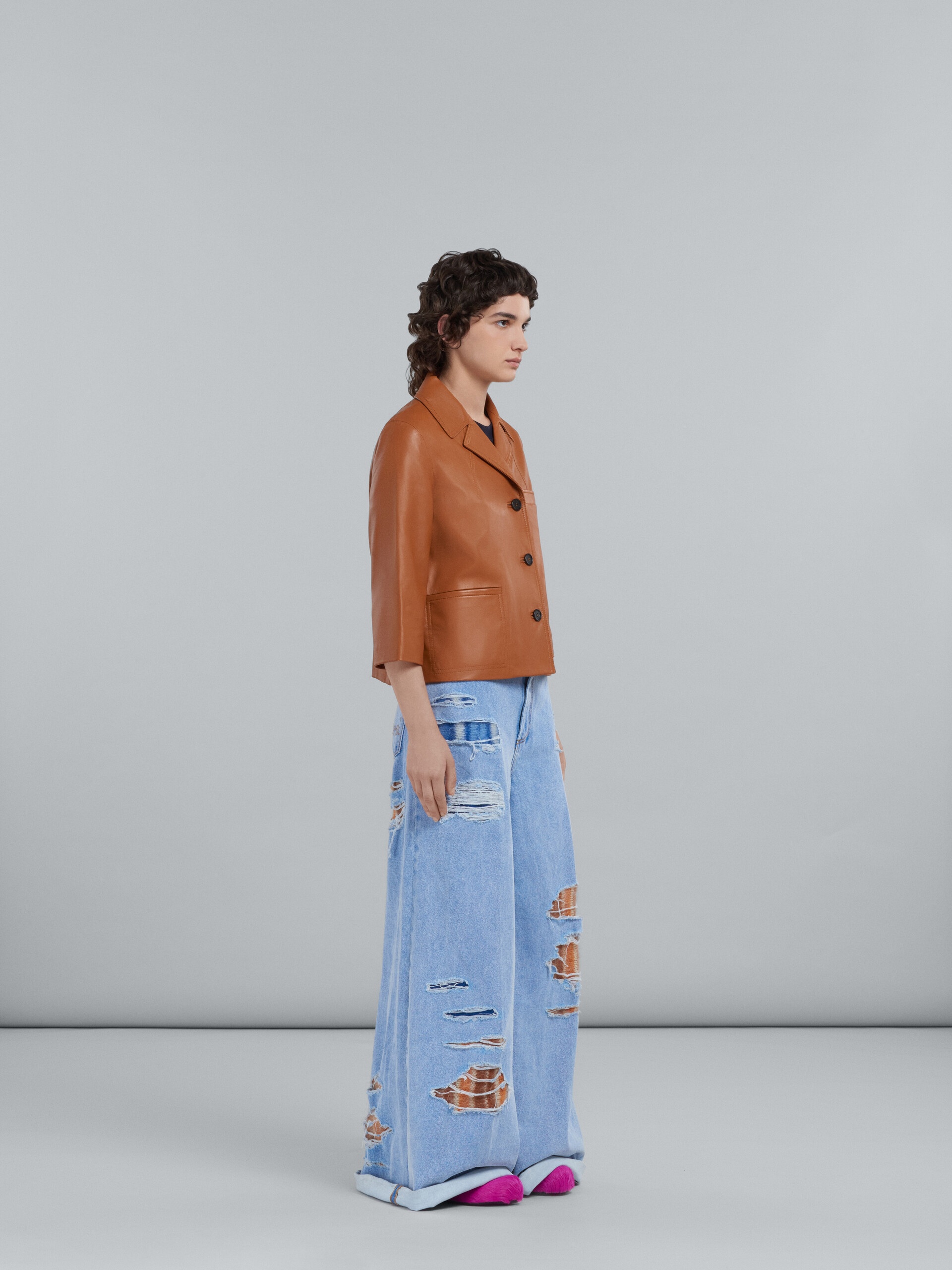 FLARED TROUSERS IN LIGHT BLUE DENIM AND MOHAIR - 5