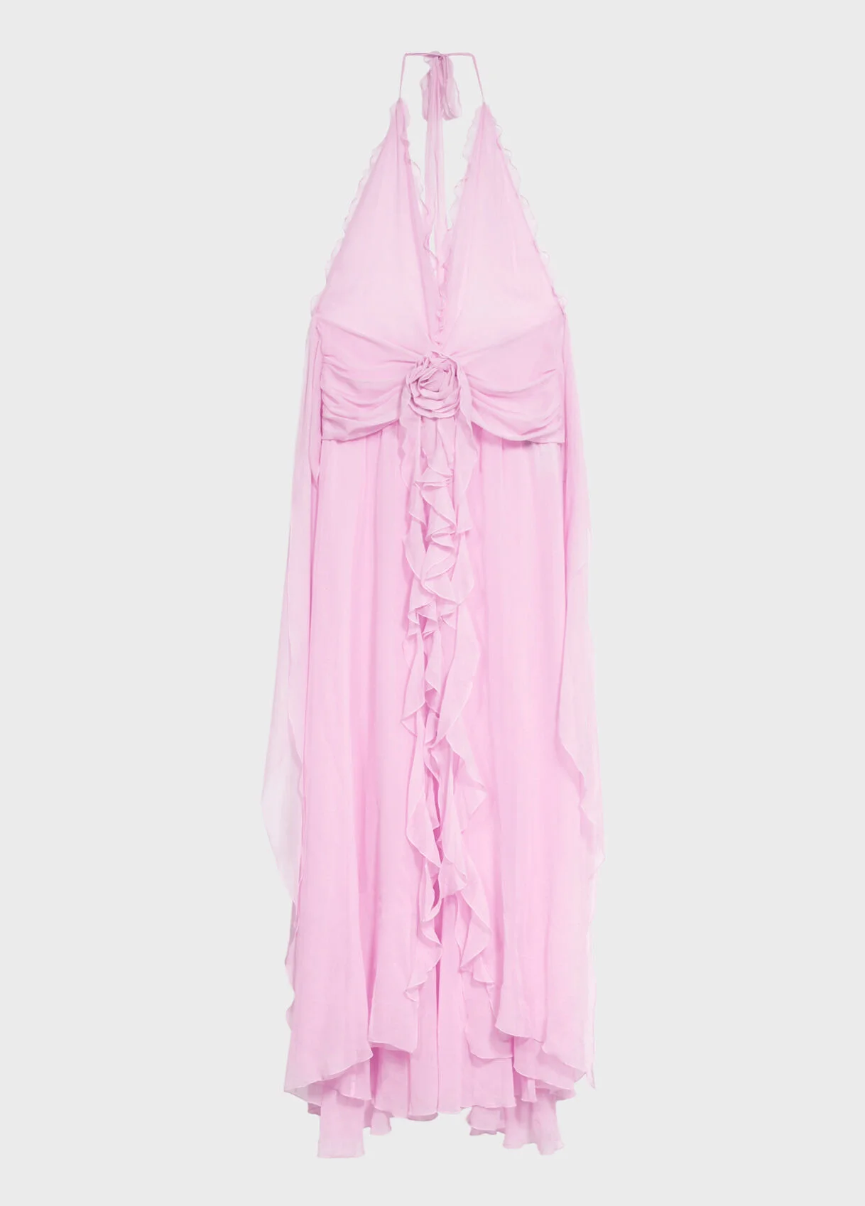 LONG VISCOSE GEORGETTE DRESS WITH ROSE AND RUFFLES - 1