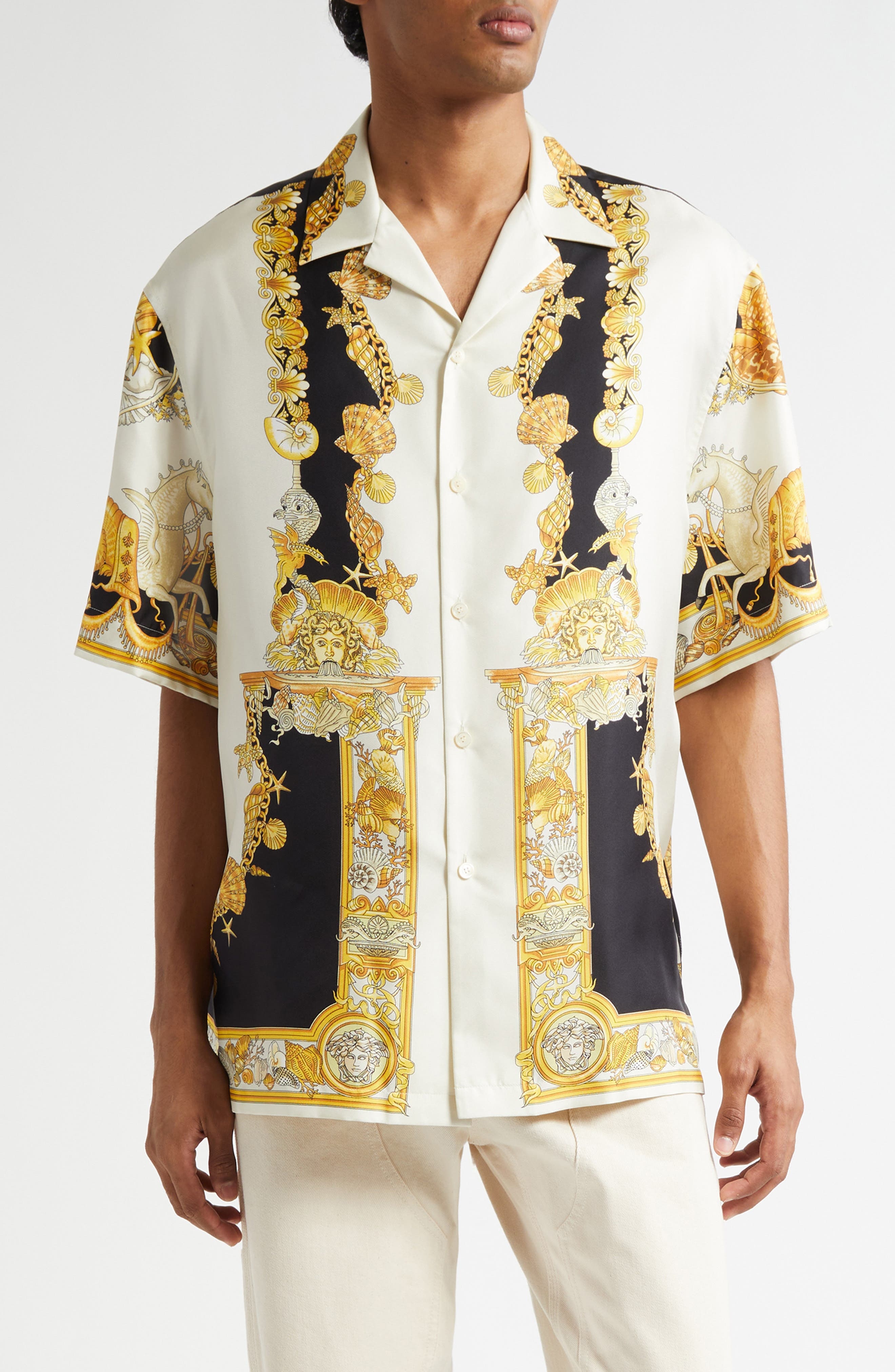 Versace Coral Theater Silk Twill Camp Shirt in Ivory Black Gold at Nordstrom - 1