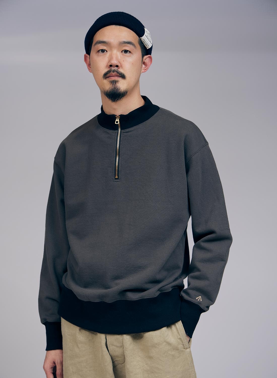 Zip Up Pullover Sweat Shirt in Charcoal - 2
