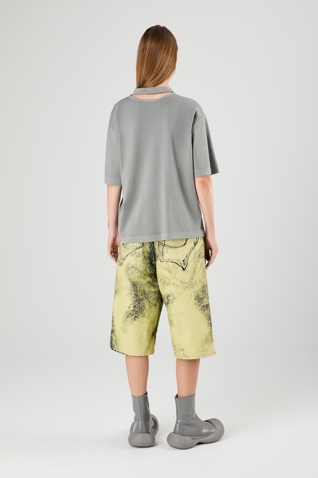 Yellow-Black Distorted Print Denim Shorts - 5