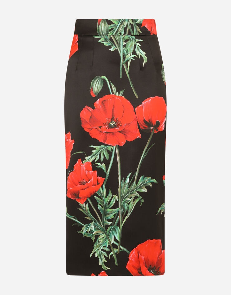 Poppy-print satin pencil skirt - 3