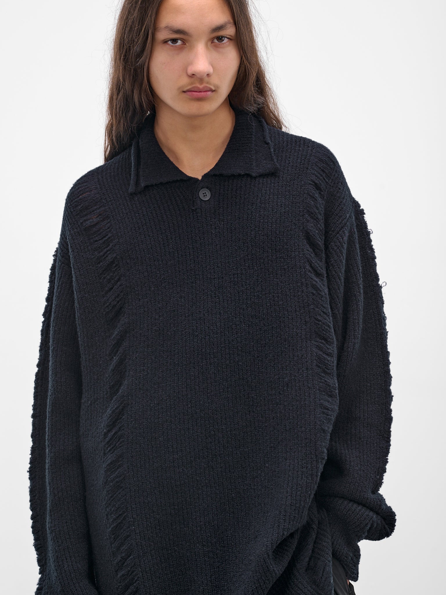 Navy Knit Distressed Polo Sweater - 4