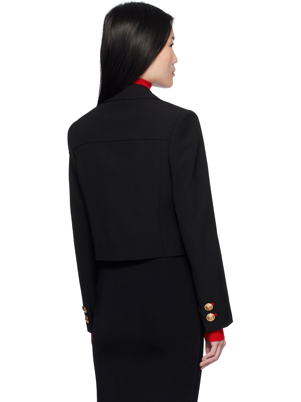 Black Wool Gabardine Uniform Crop Jacket - 3