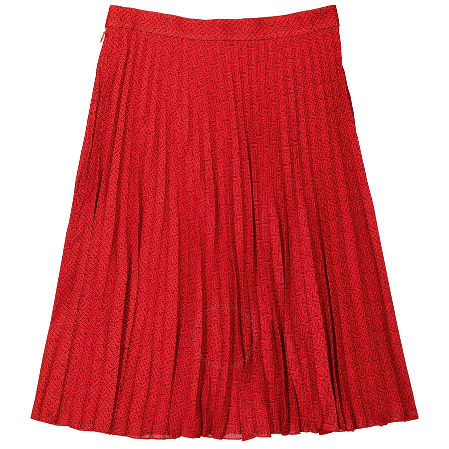 Burberry Ladies Bright Red Monogram Print Plated Skirt - 1