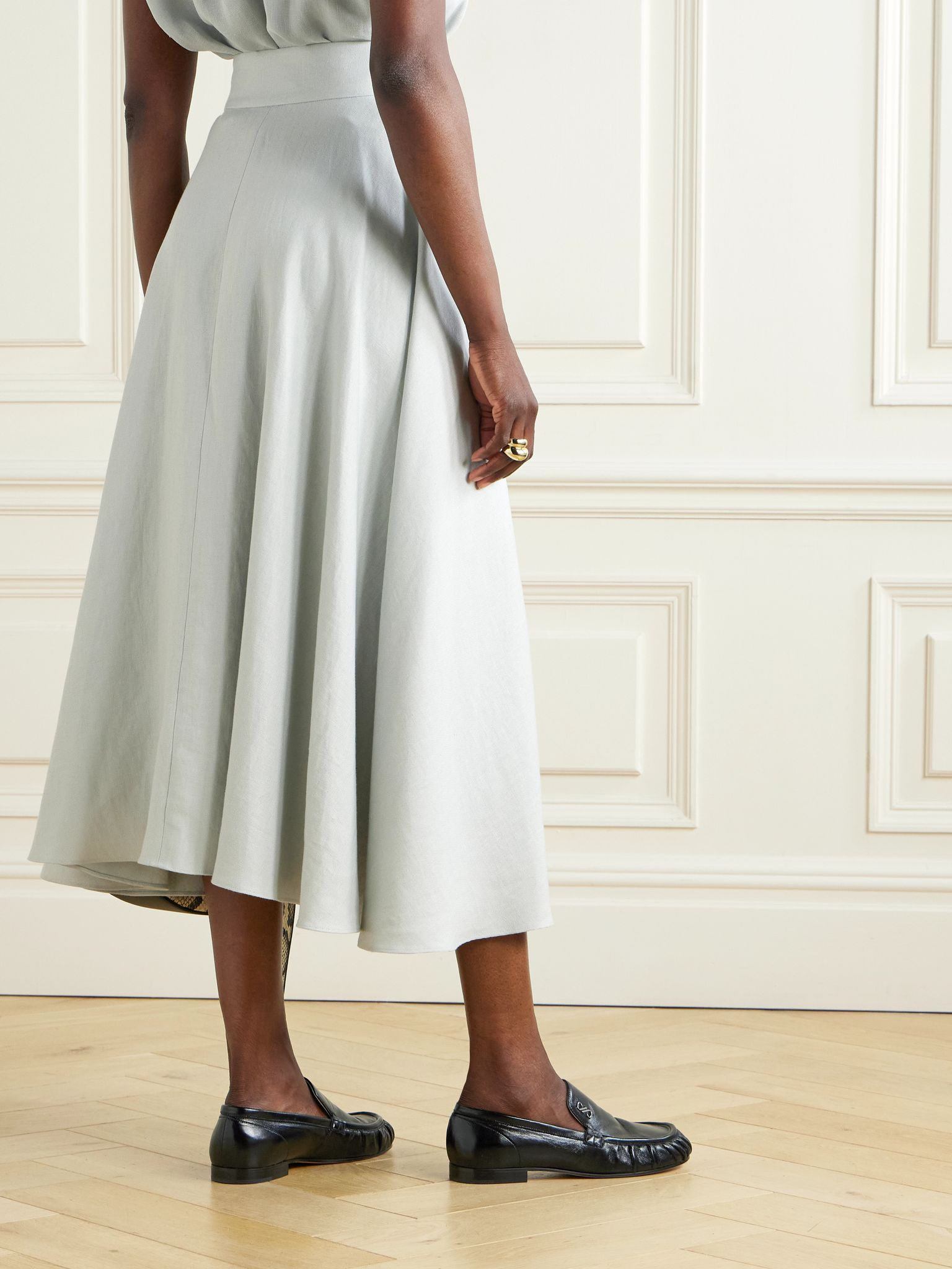 Petra pleated linen-twill midi skirt Light blue - 3