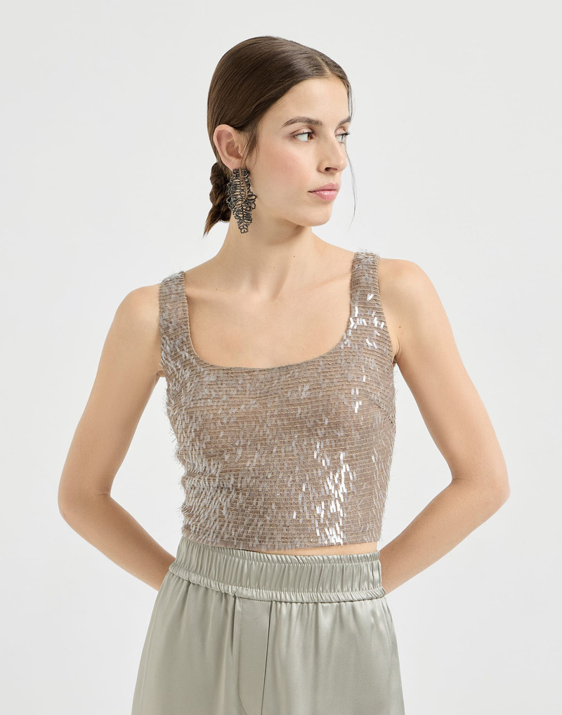 Dazzling cascade embroidery cropped top in crispy silk 2